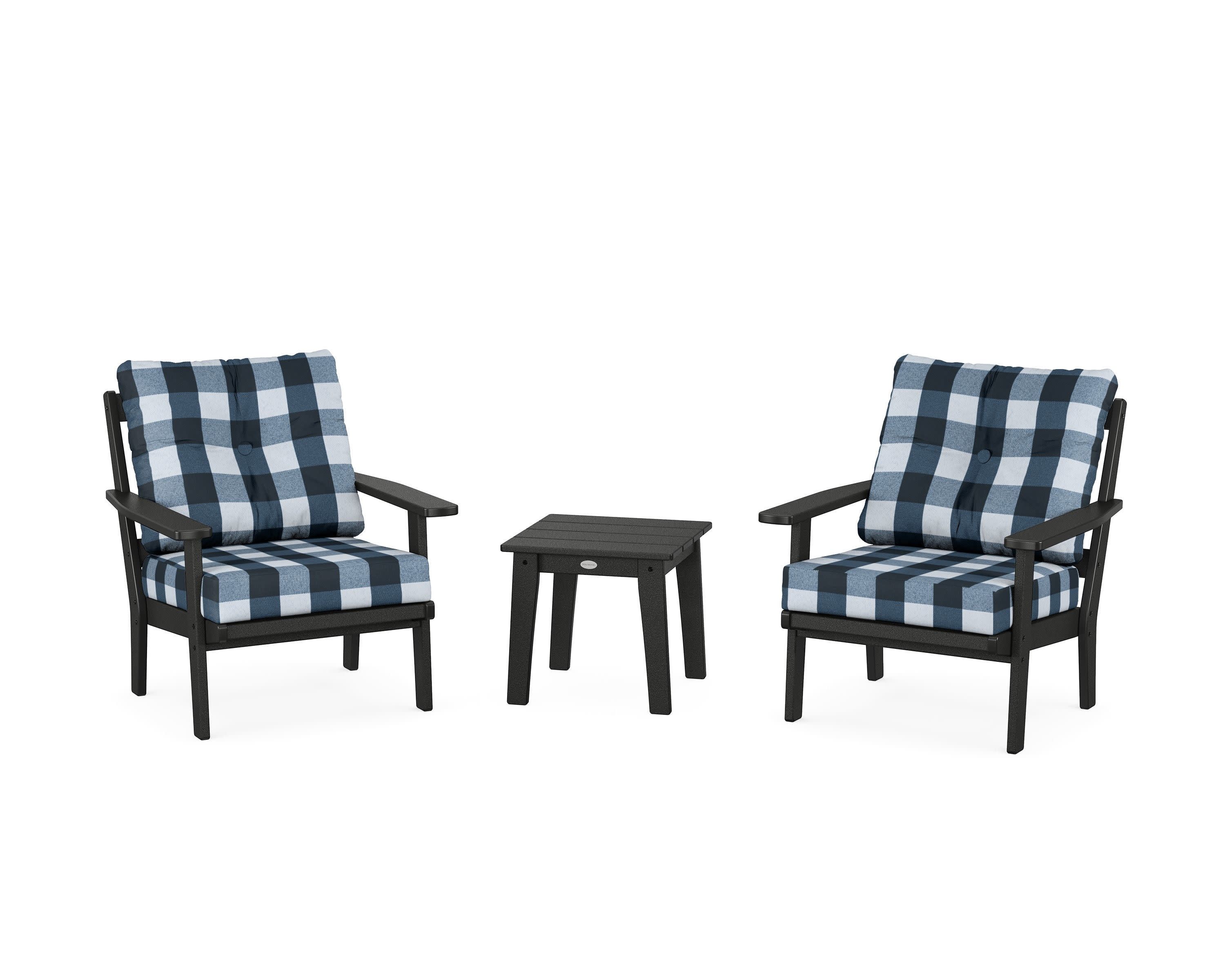 Oxford 3-Piece Deep Seating Set in Black / Buffalo Plaid Marine Indigo