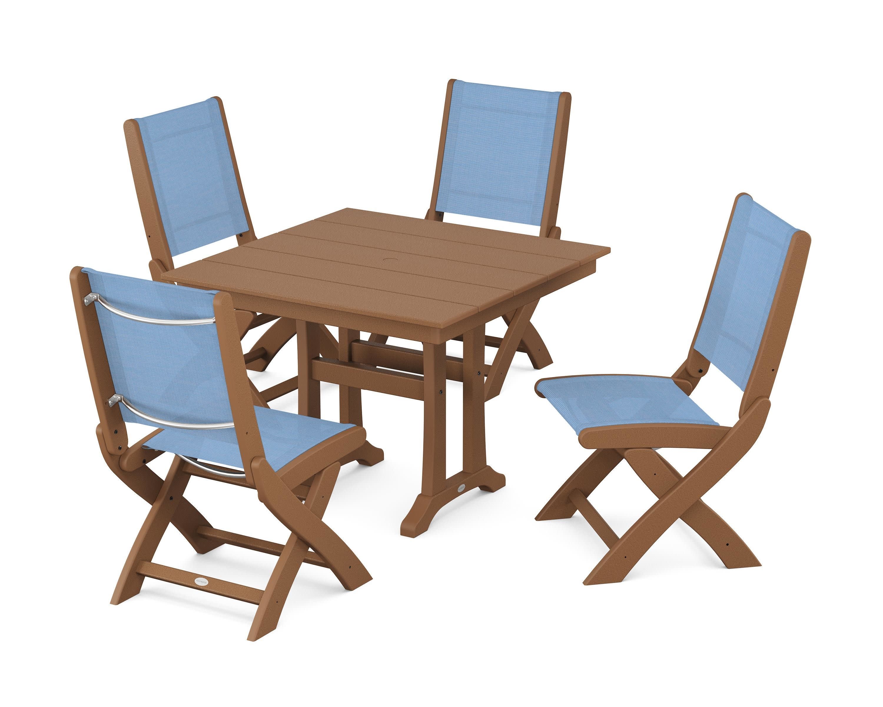 Coastal Folding Side Chair 5-Piece Farmhouse Dining Set With Trestle Legs in Teak / Poolside Sling
