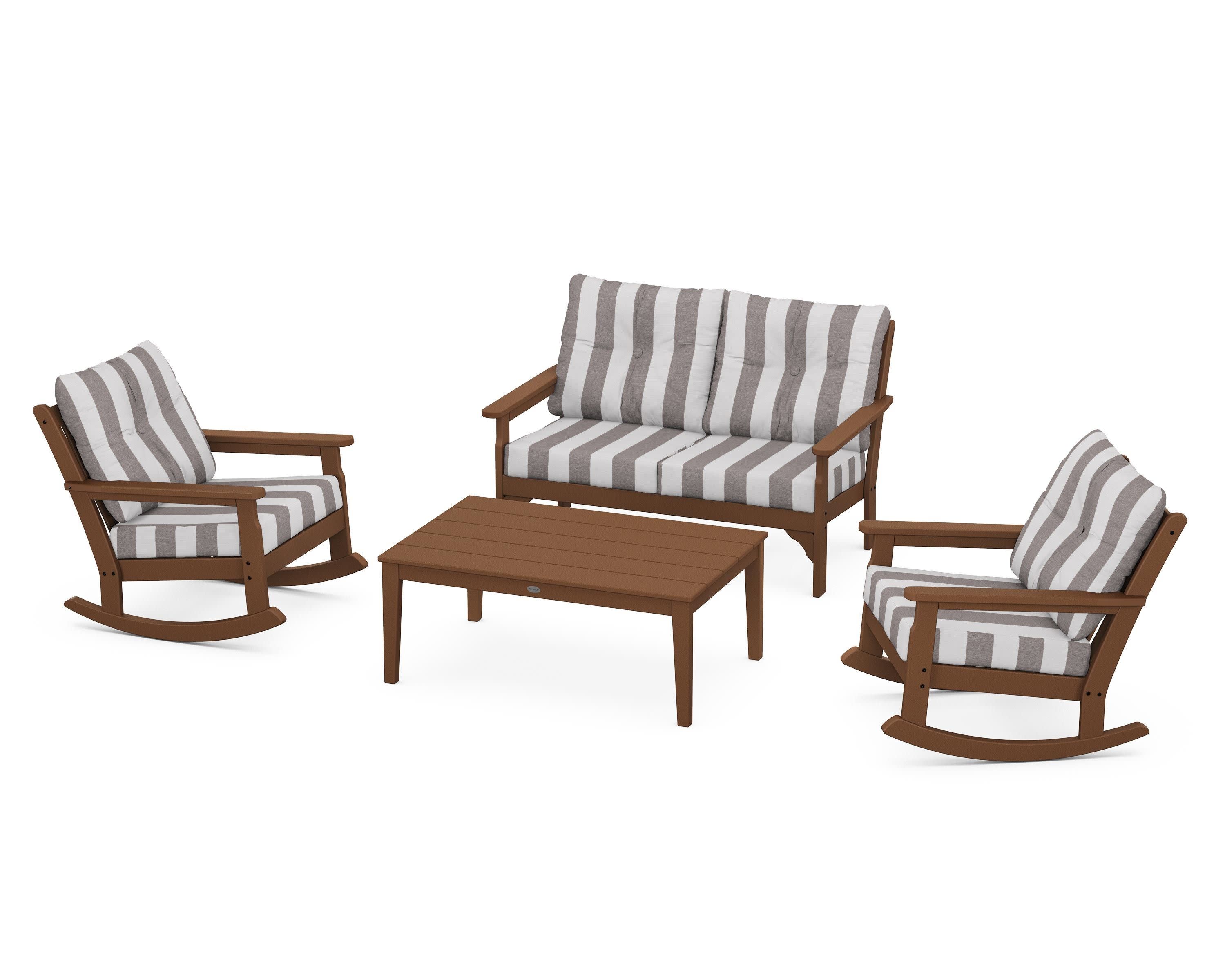 Vineyard 4-Piece Deep Seating Rocking Chair Set in Teak / Cabana Stripe Grey Mist