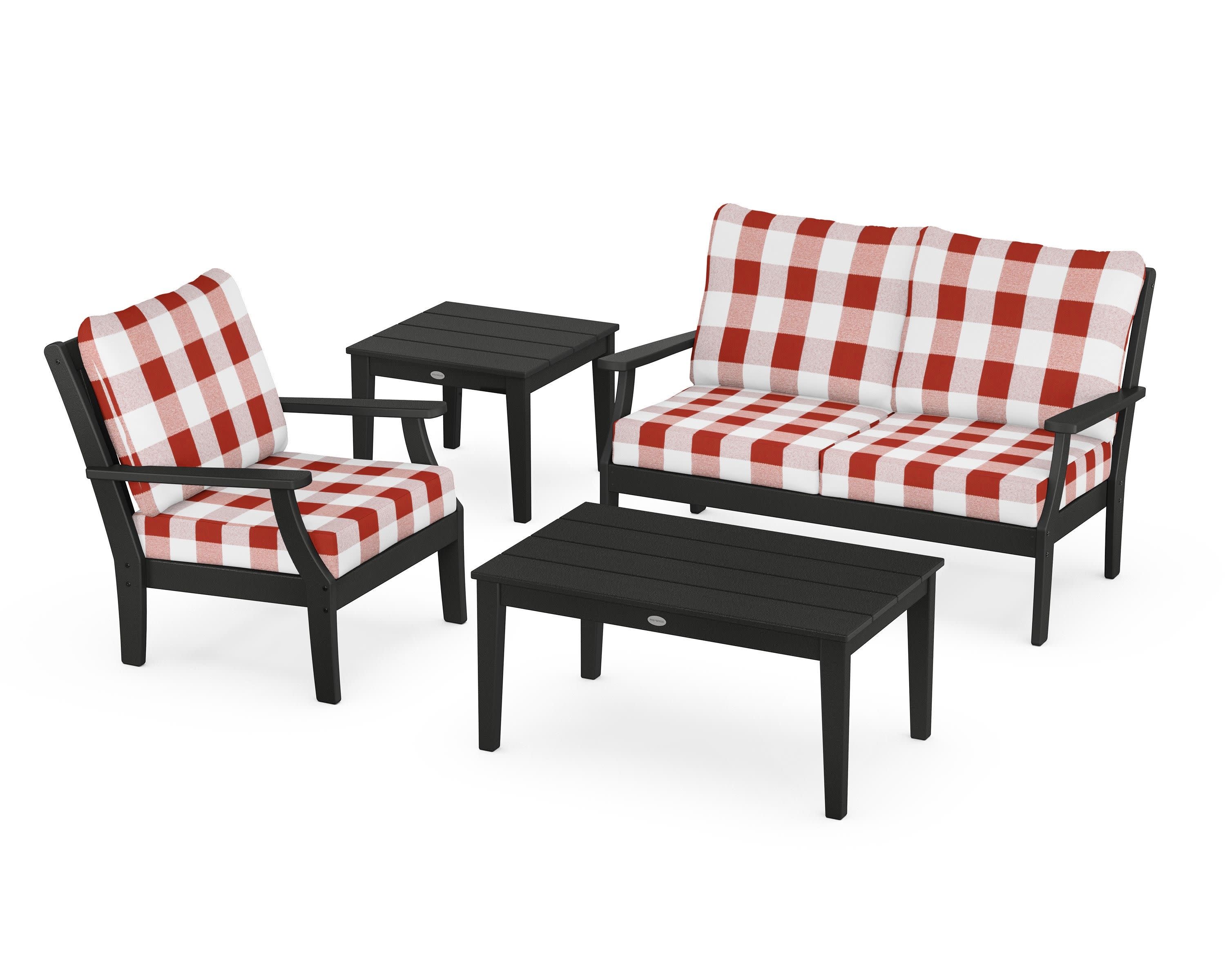 Braxton 4-Piece Deep Seating Set in Black / Buffalo Plaid Crimson