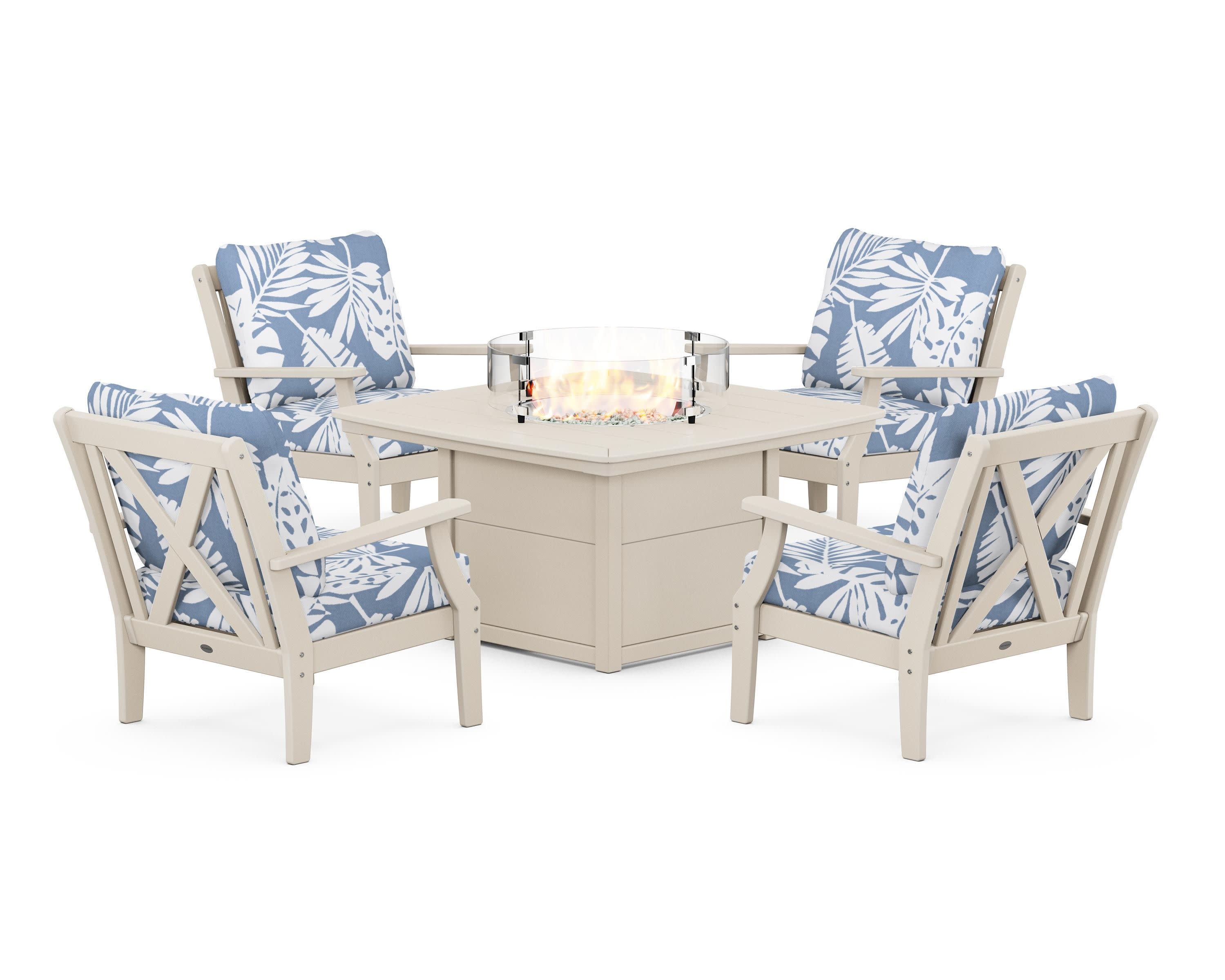 Braxton 5-Piece Deep Seating Conversation Set with Fire Pit Table in Sand / Leaf Sky Blue