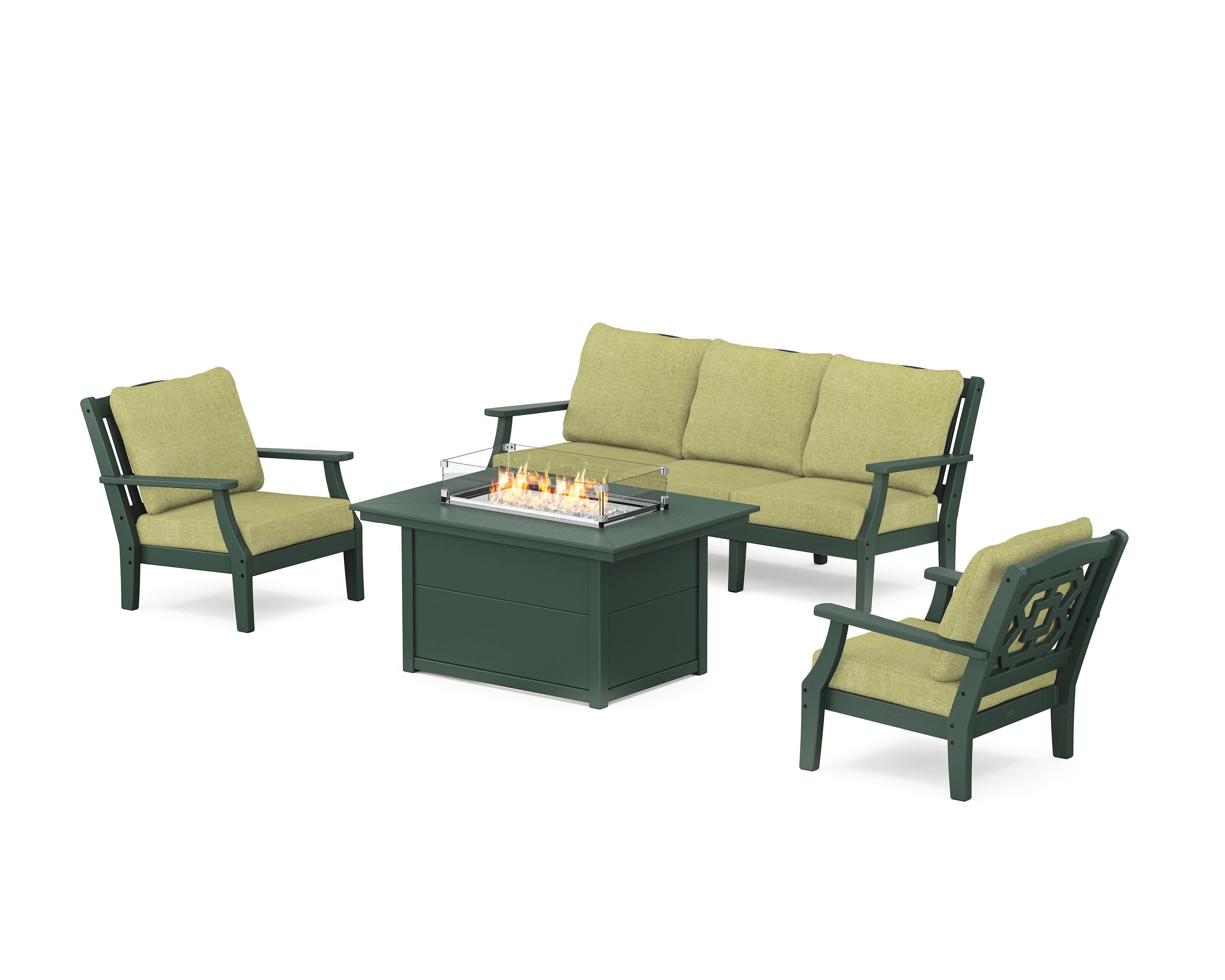 Chinoiserie Deep Seating Fire Pit Table Set in Green / Chartreuse Boucle