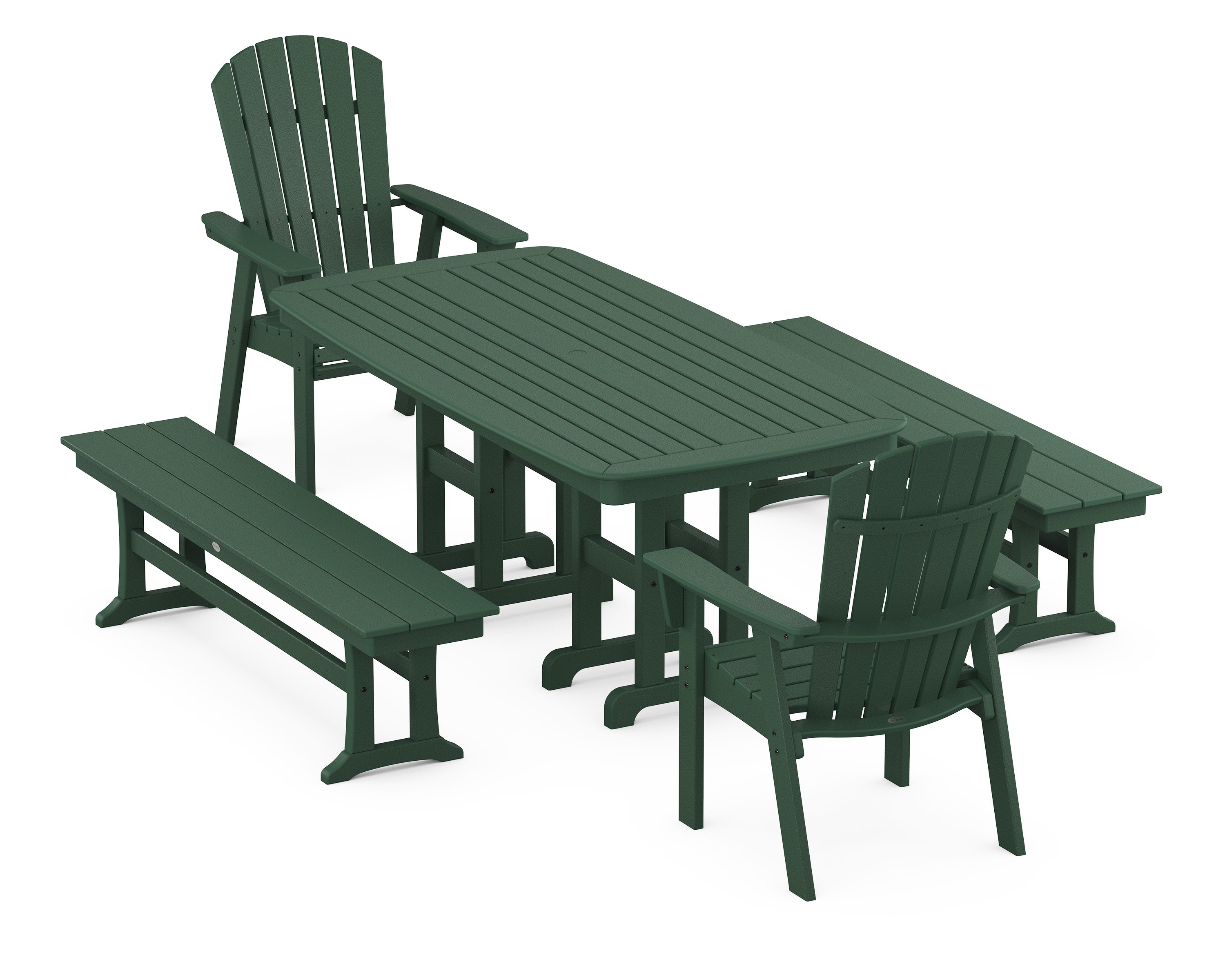 Nautical Curveback Adirondack 5-Piece Dining Set with Benches in Green