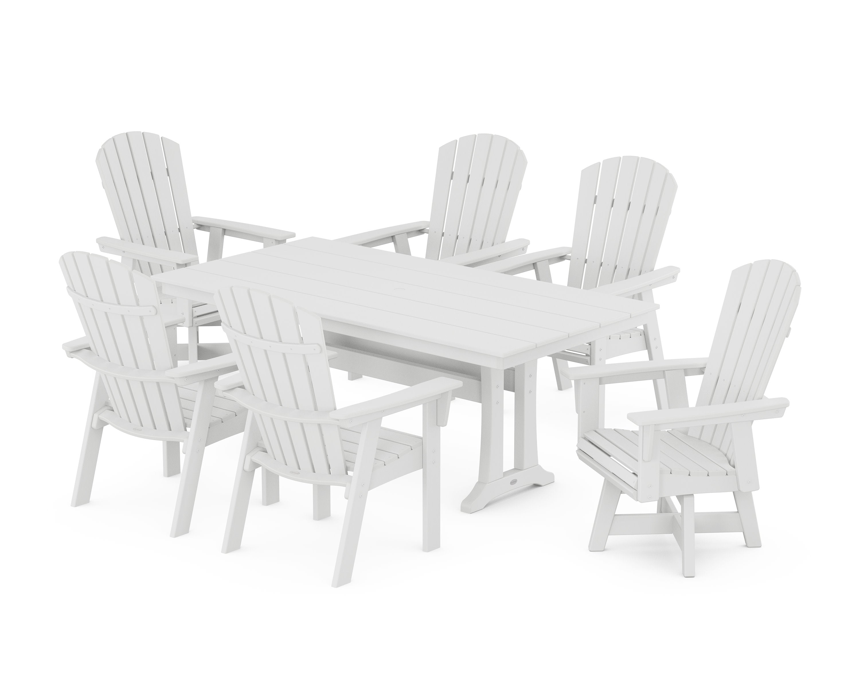 Nautical Curveback Adirondack Swivel Chair 7-Piece Farmhouse Dining Set With Trestle Legs in White
