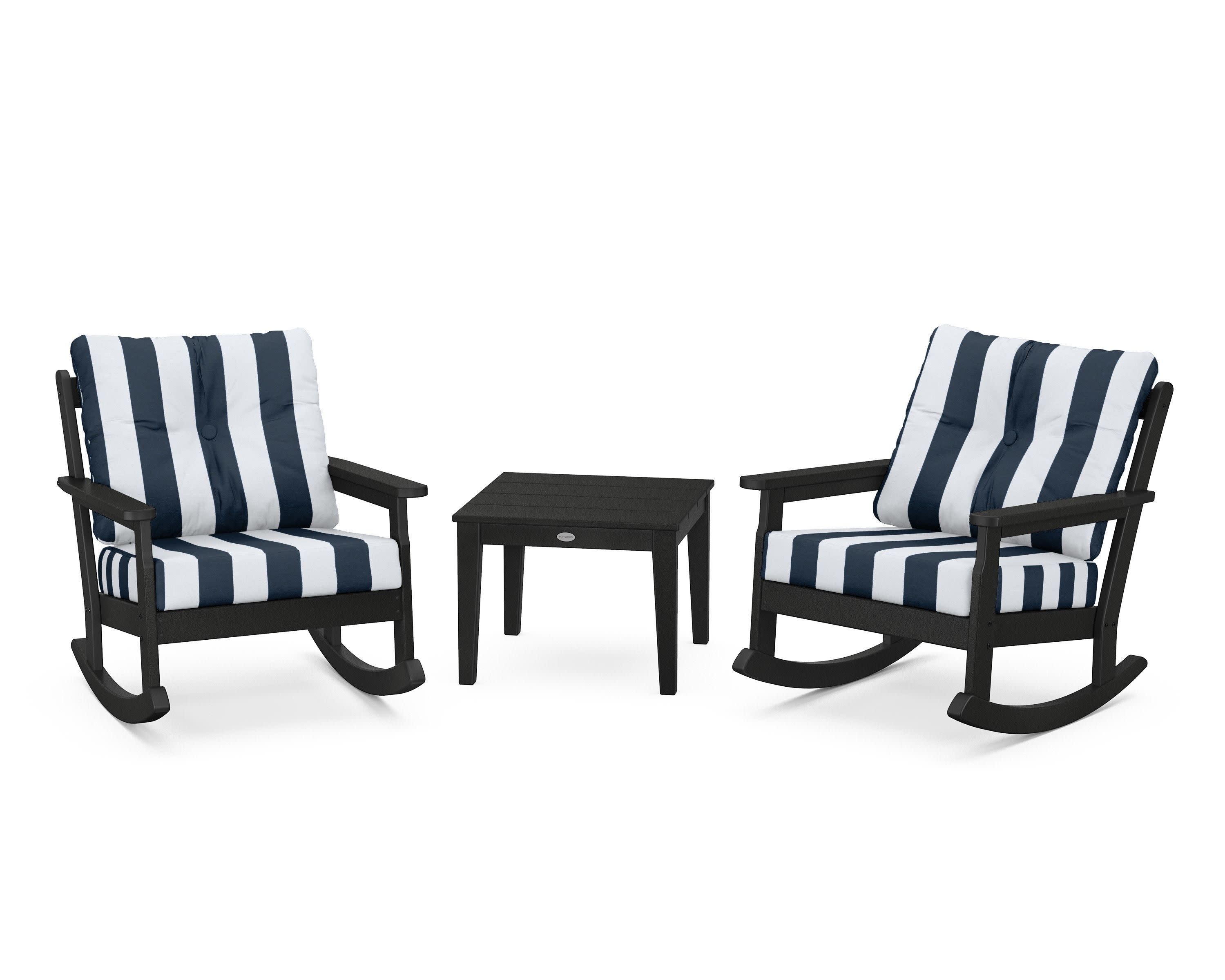 Vineyard 3-Piece Deep Seating Rocker Set in Black / Cabana Stripe Marine Indigo