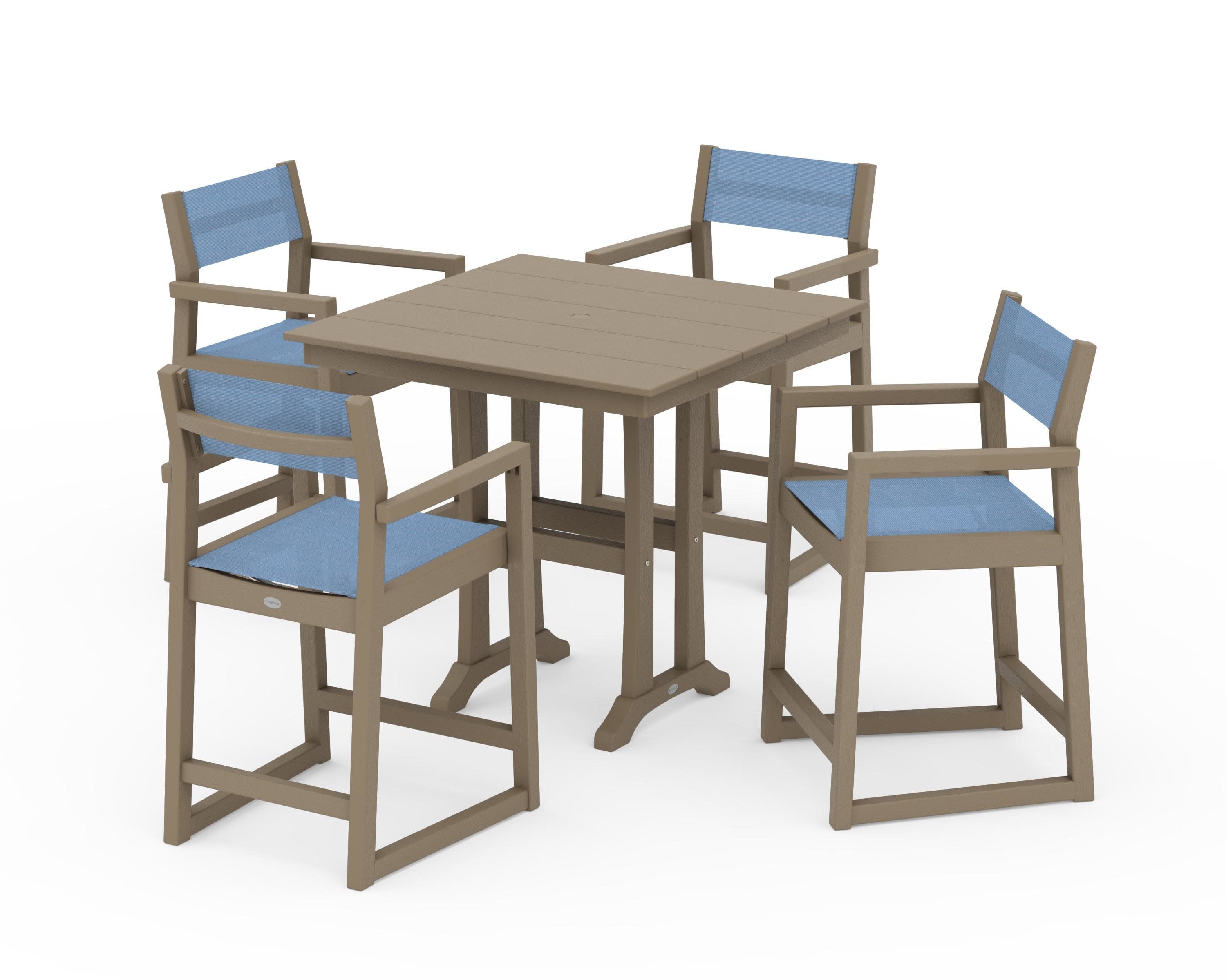 EDGE Sling Arm Chair 5-Piece Farmhouse Counter Set with Trestle Legs in Vintage Sahara / Poolside Sling