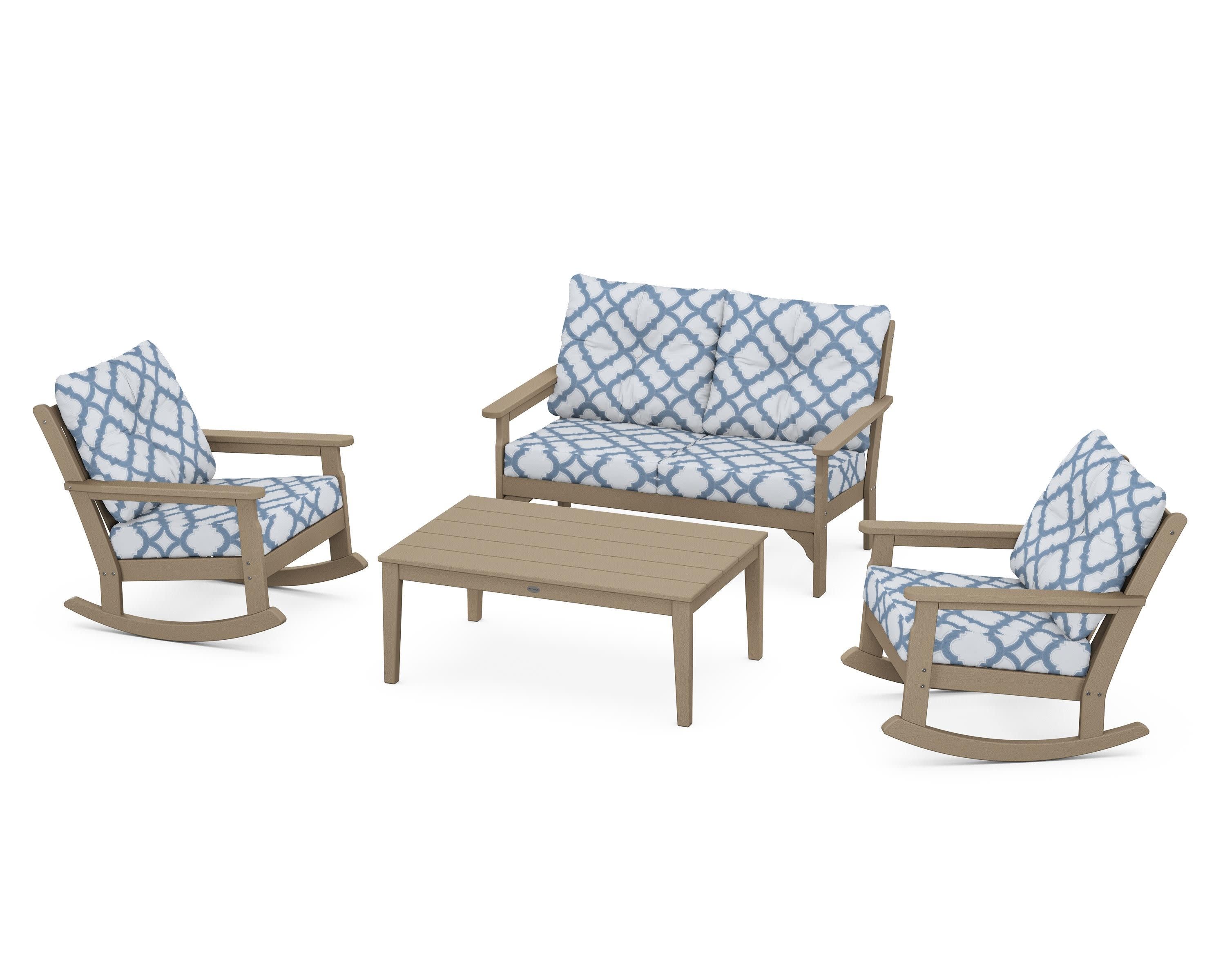 Vineyard 4-Piece Deep Seating Rocking Chair Set in Vintage Sahara / Trellis Sky Blue