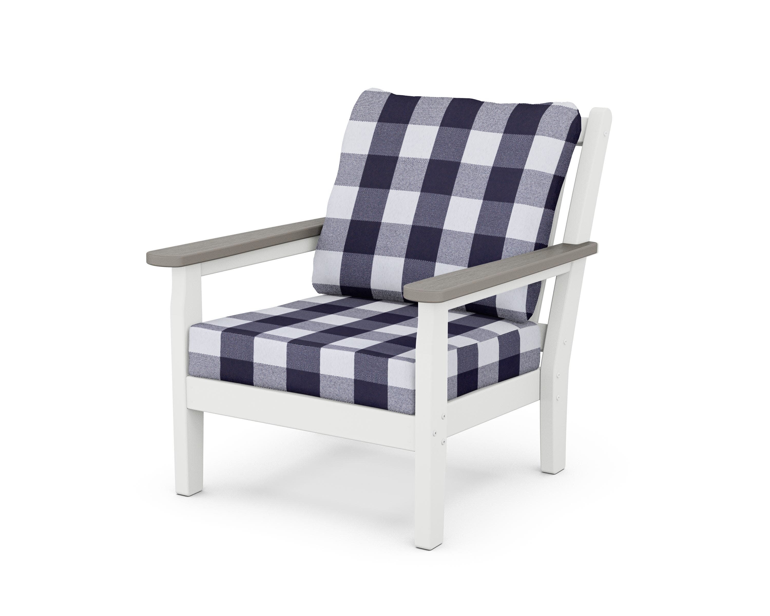 Chippendale Deep Seating Chair in White / Driftwood / Buffalo Plaid Navy