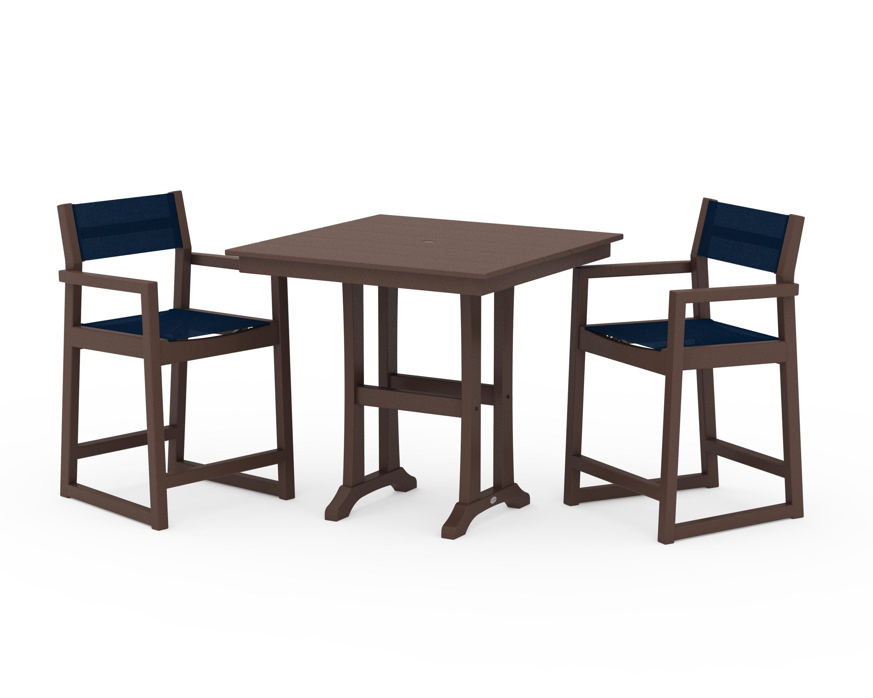 EDGE Sling Arm Chair 3-Piece Farmhouse Counter Set with Trestle Legs in Mahogany / Navy Blue Sling