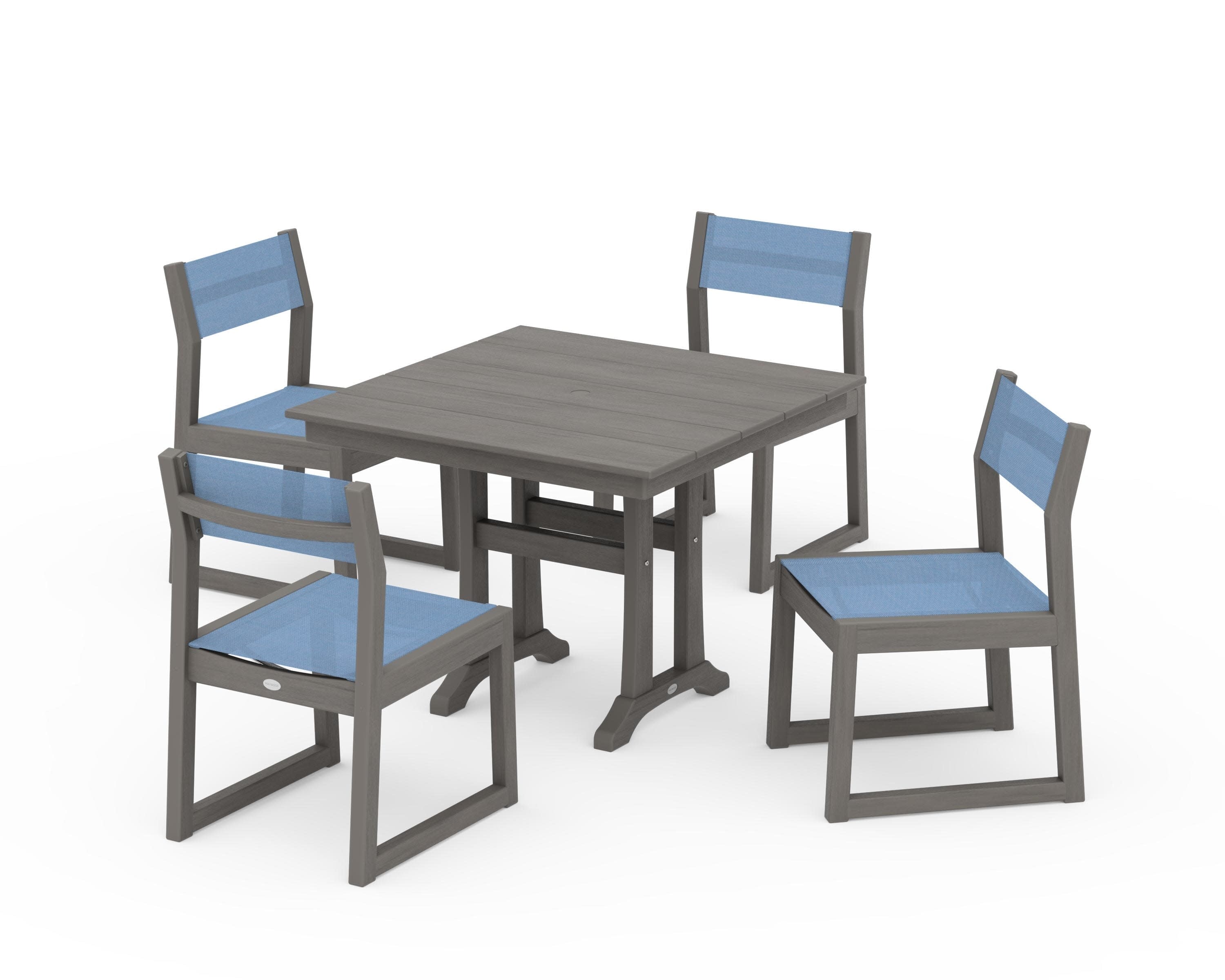 EDGE Sling 5-Piece Farmhouse Trestle Side Chair Dining Set in Driftwood / Poolside Sling