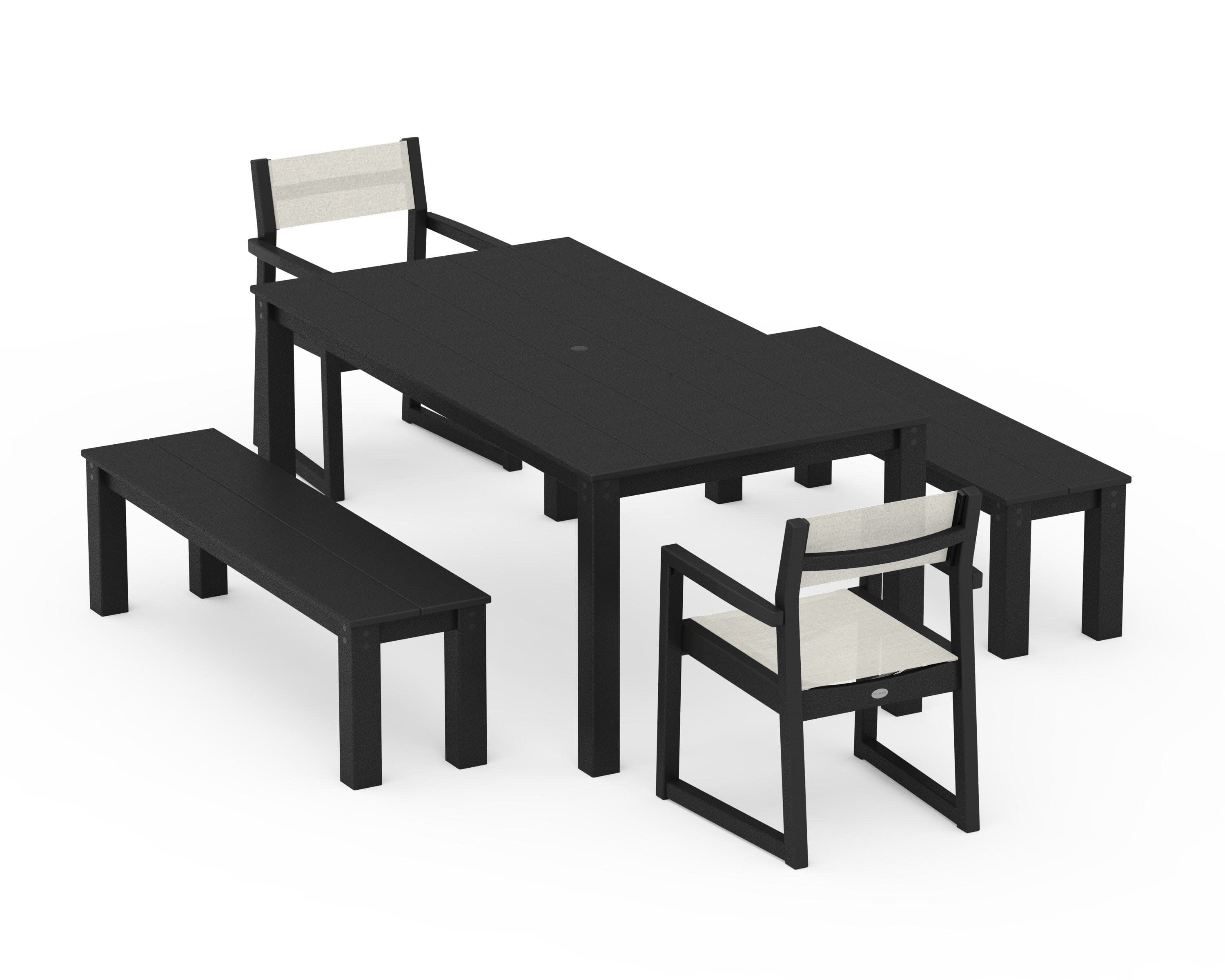 EDGE Sling Arm Chair 5-Piece Parsons Dining Set with Benches in Black / Parchment Sling