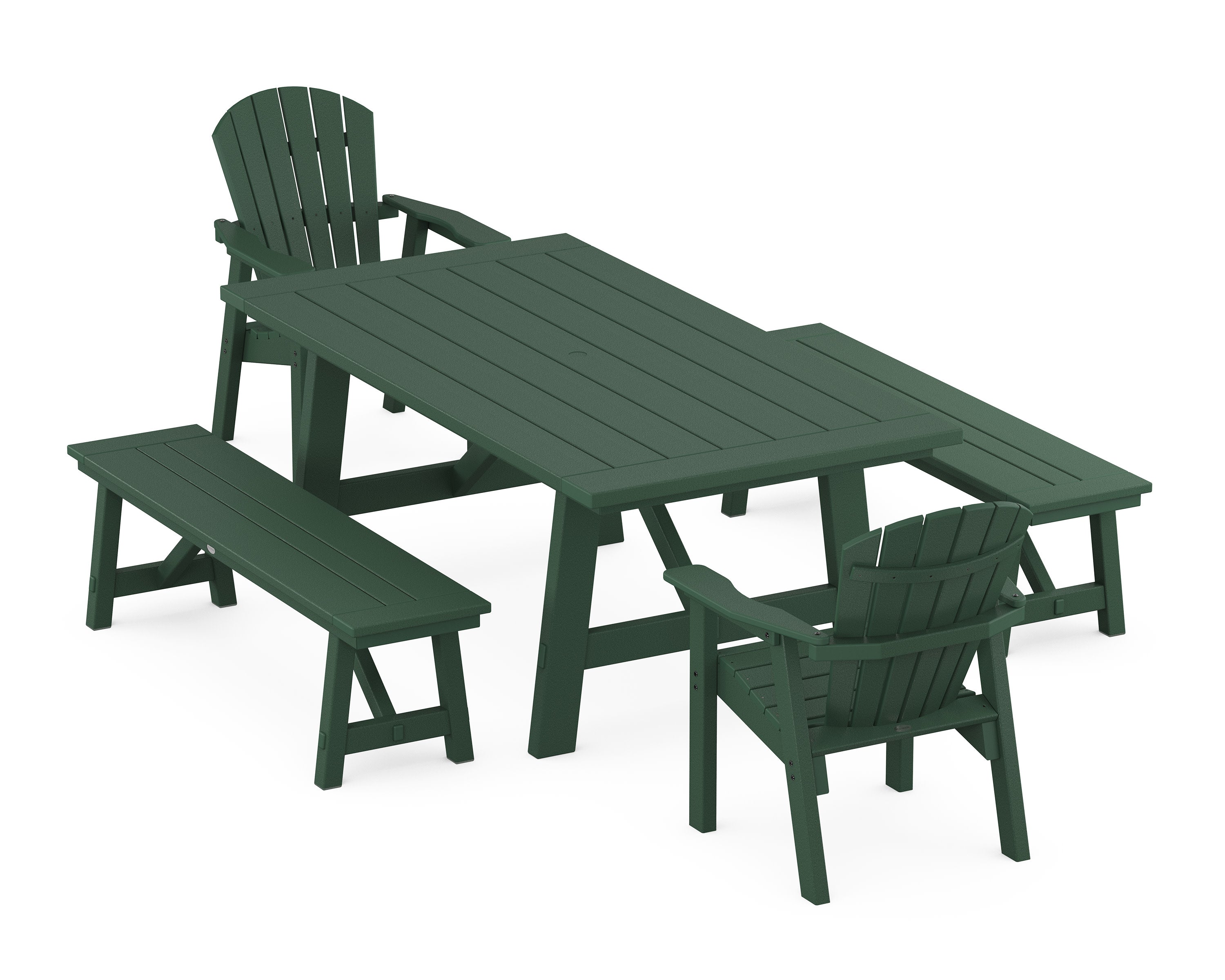 Seashell 5-Piece Rustic Farmhouse Dining Set With Benches in Green