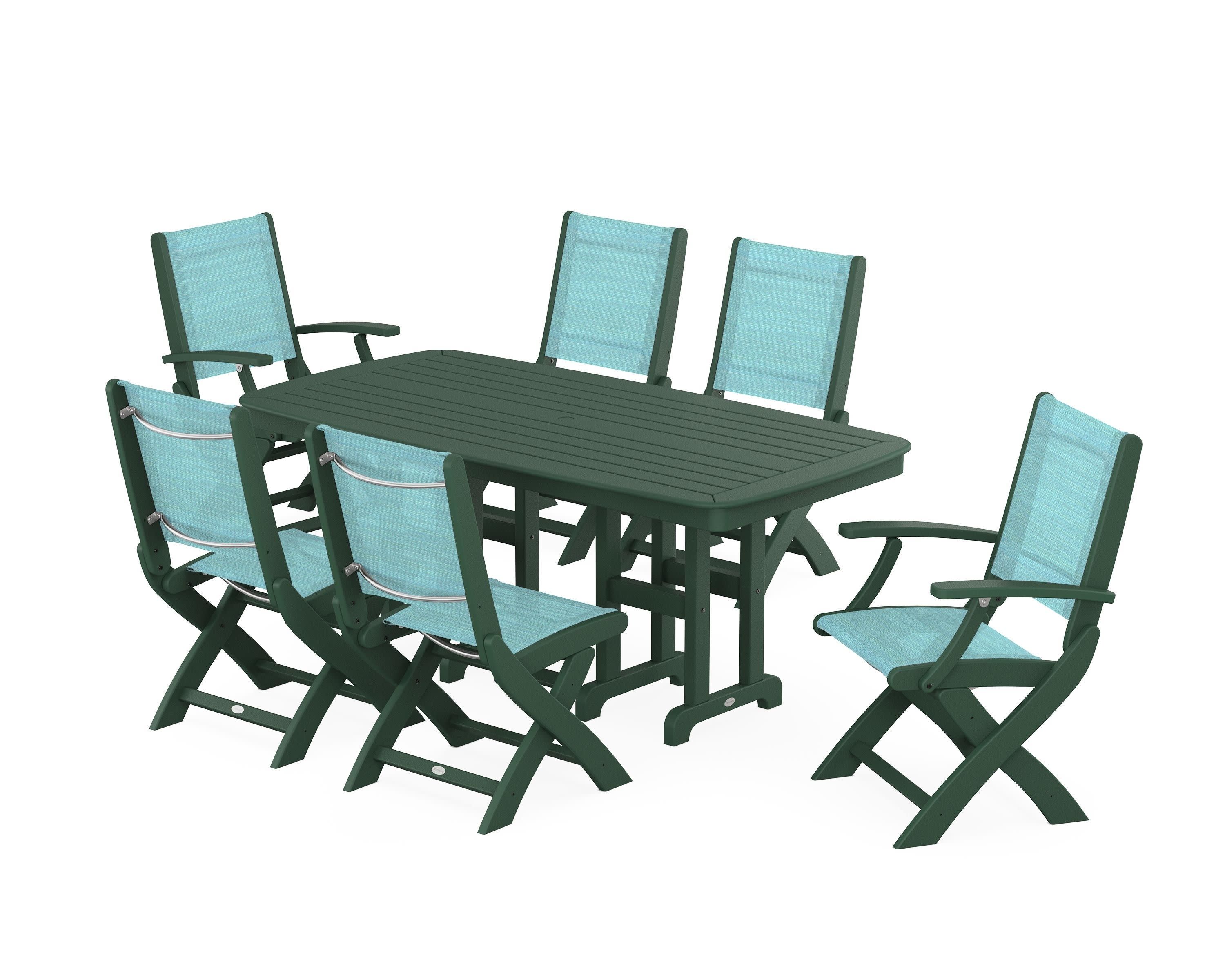 Coastal Folding Chair 7-Piece Dining Set in Green / Dupioni Aquamarine Sling