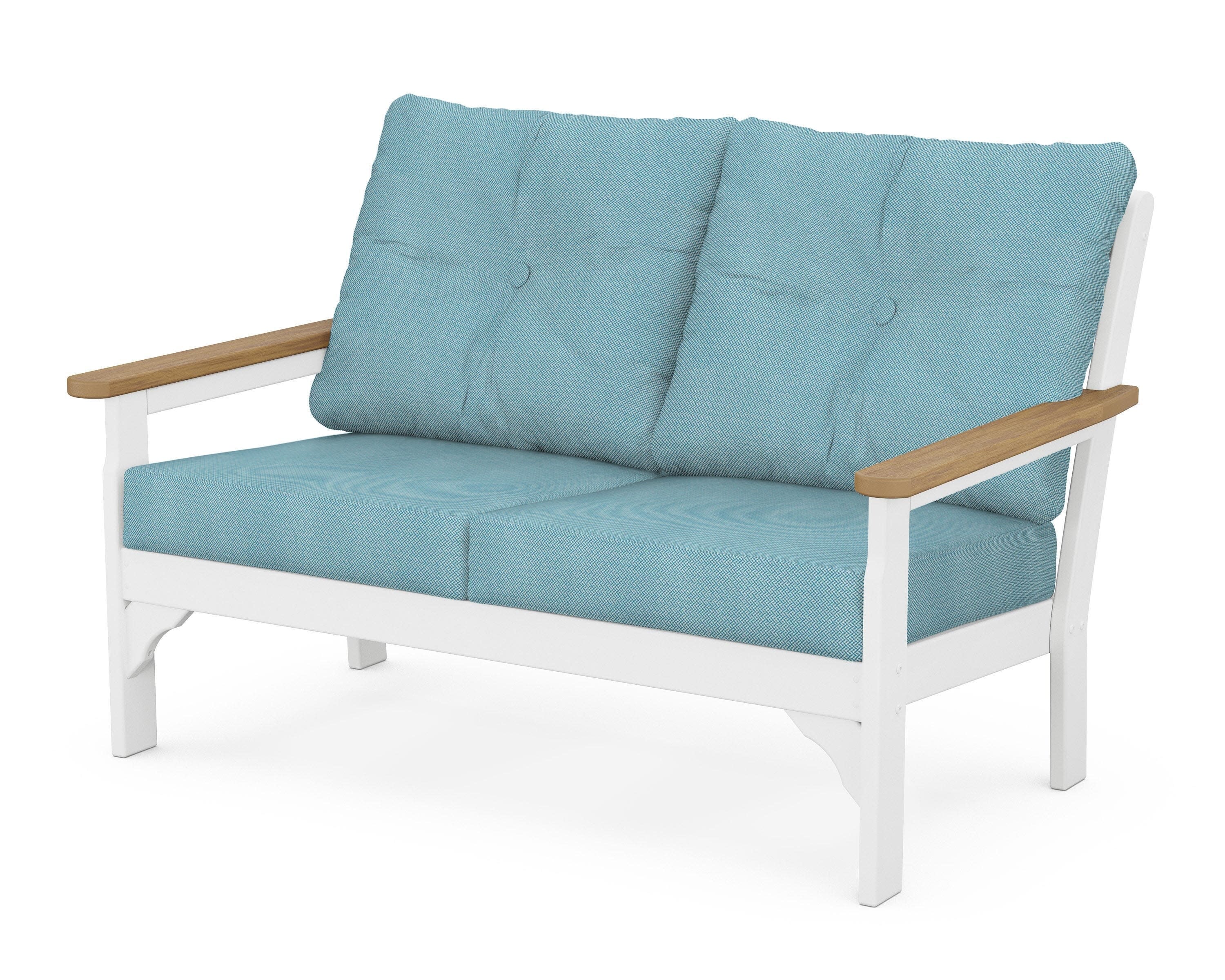 Vineyard Deep Seating Loveseat in White / Natural / Lattice Sky Blue