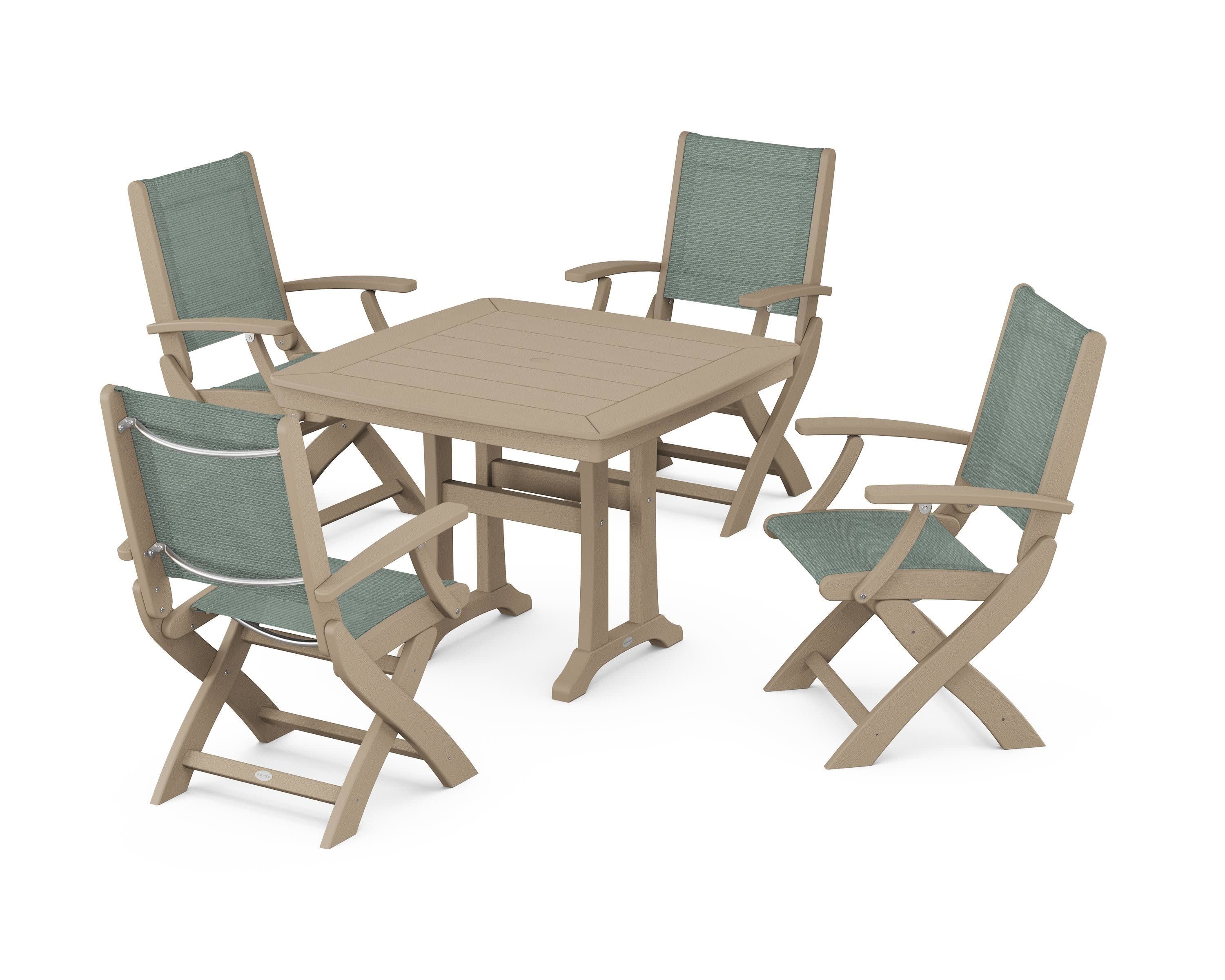 Coastal Folding Chair 5-Piece Dining Set with Trestle Legs in Vintage Sahara / Dupioni Sea Mist Sling