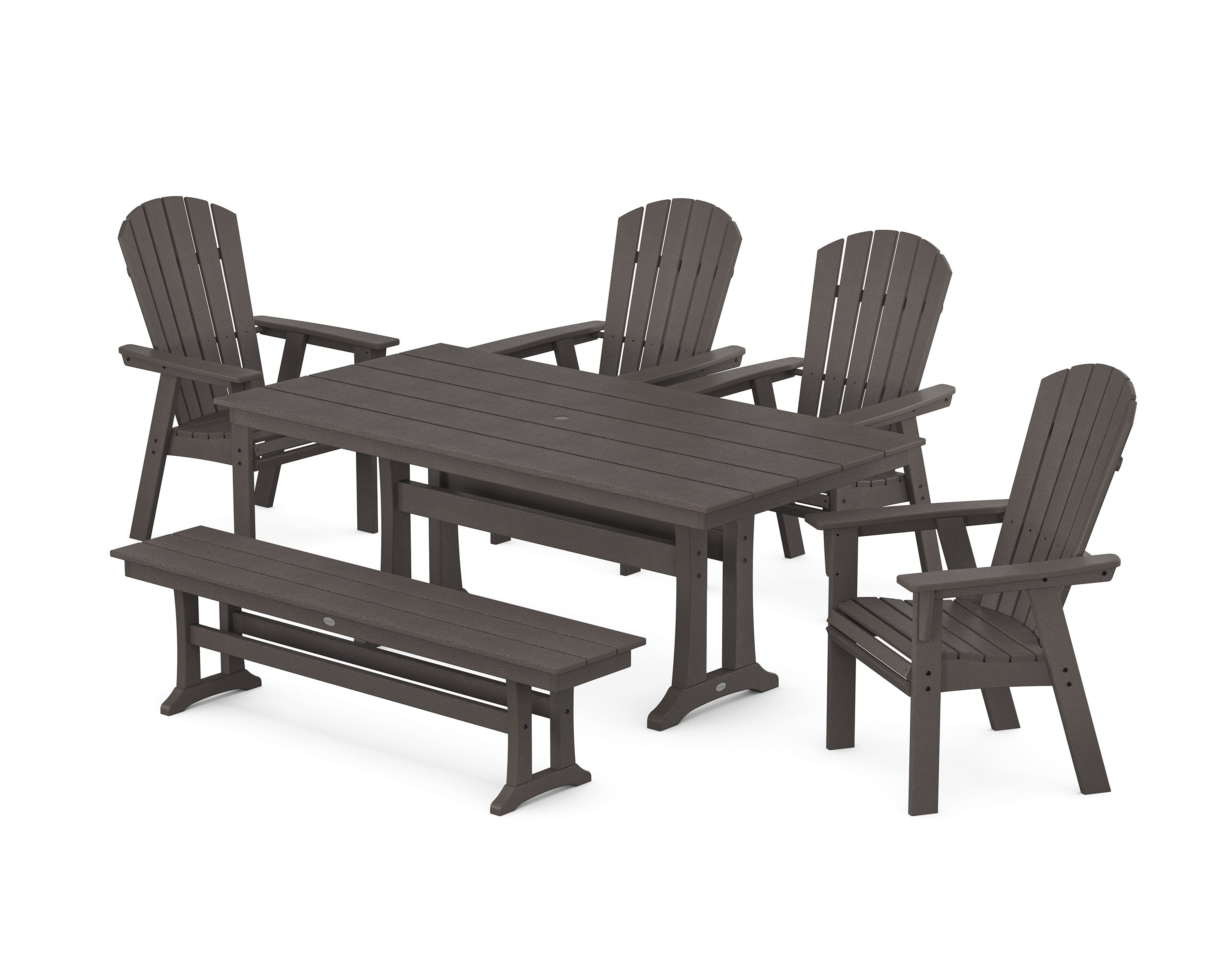 Nautical Curveback Adirondack 6-Piece Farmhouse Dining Set with Trestle Legs and Bench in Vintage Coffee