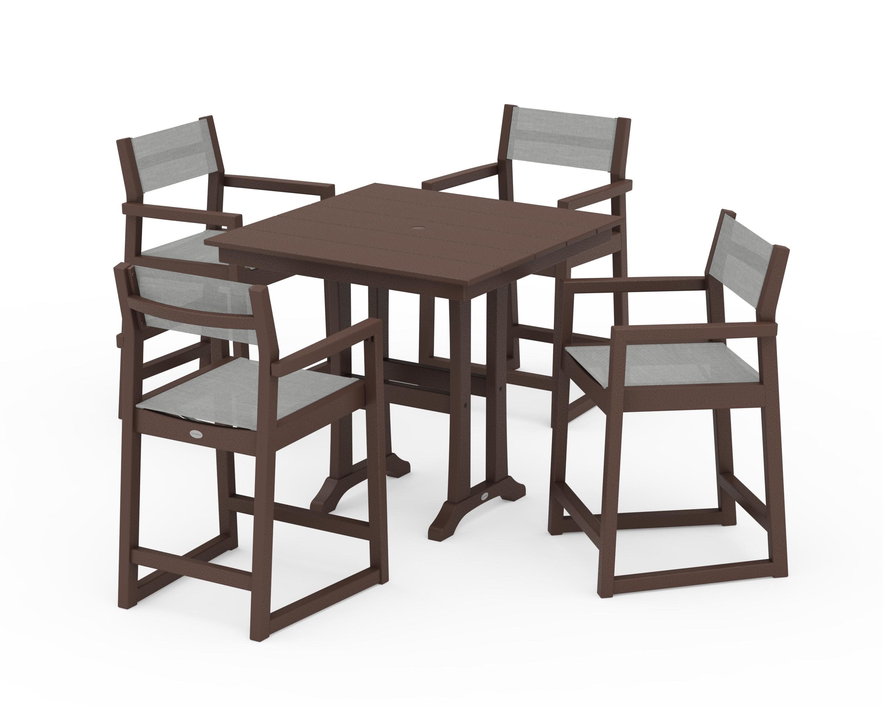 EDGE Sling Arm Chair 5-Piece Farmhouse Counter Set with Trestle Legs in Mahogany / Metallic Sling