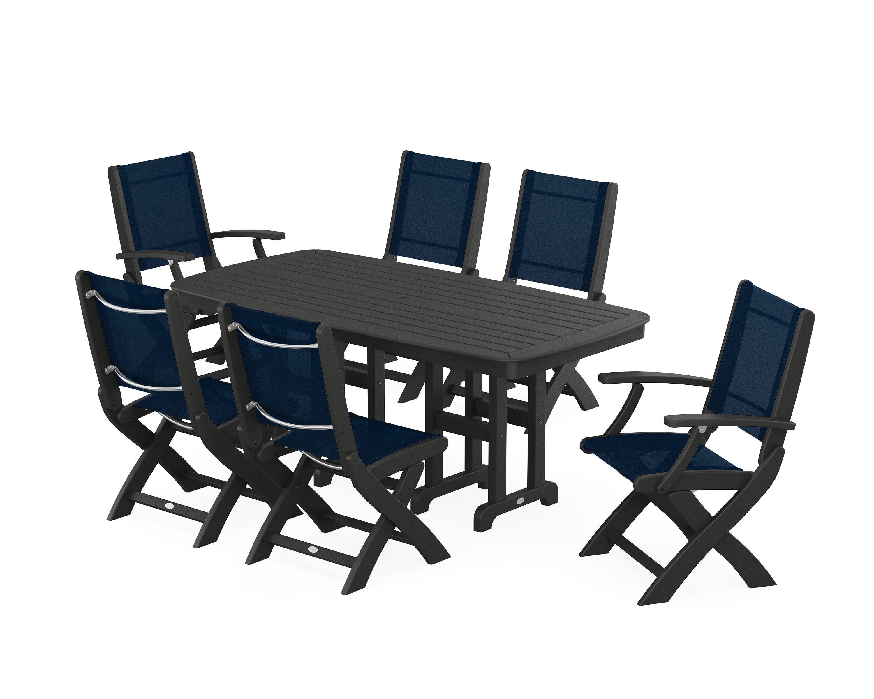 Coastal Folding Chair 7-Piece Dining Set in Black / Navy Blue Sling