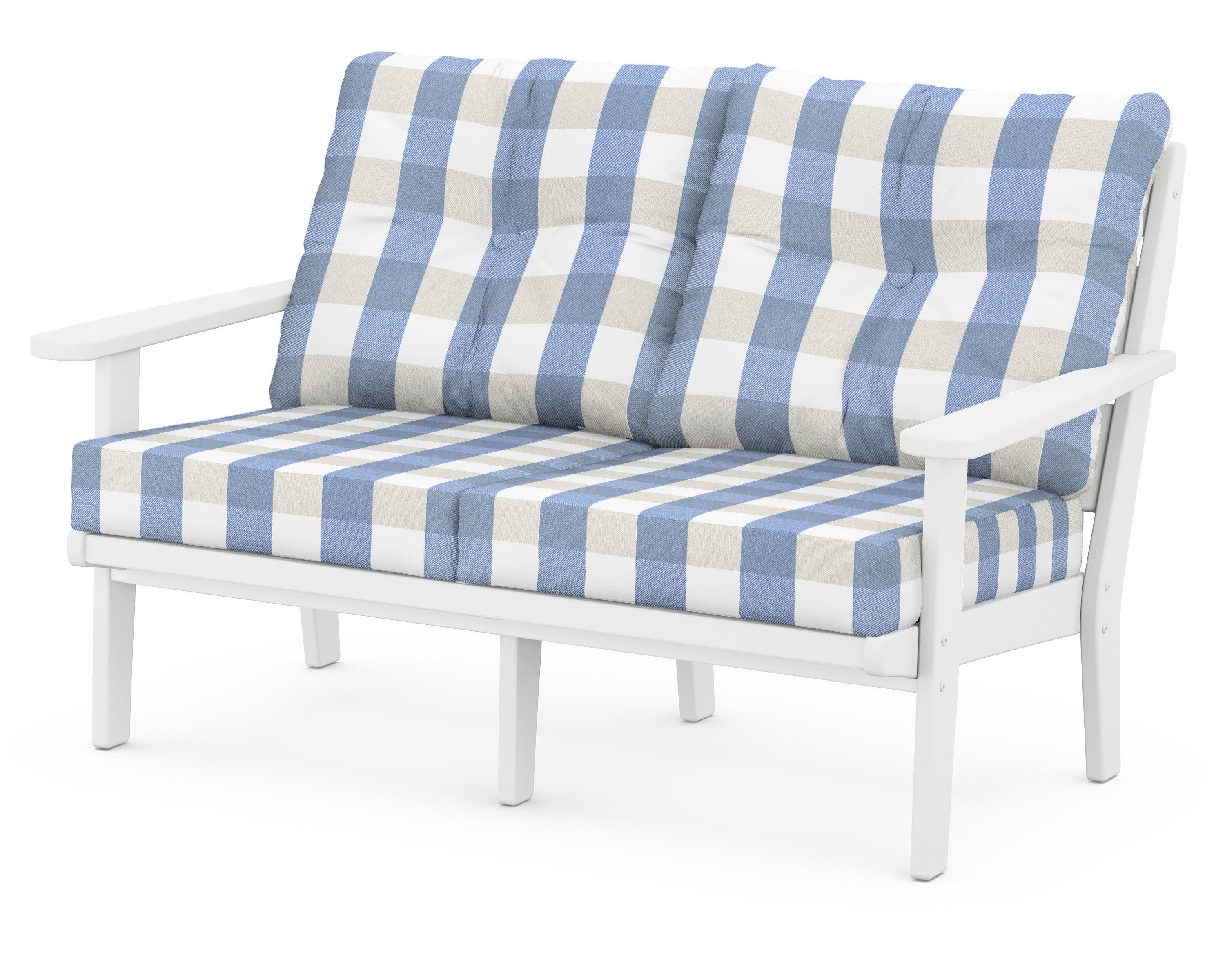 Lakeside Deep Seating Loveseat in White / Buffalo Plaid Sky Blue