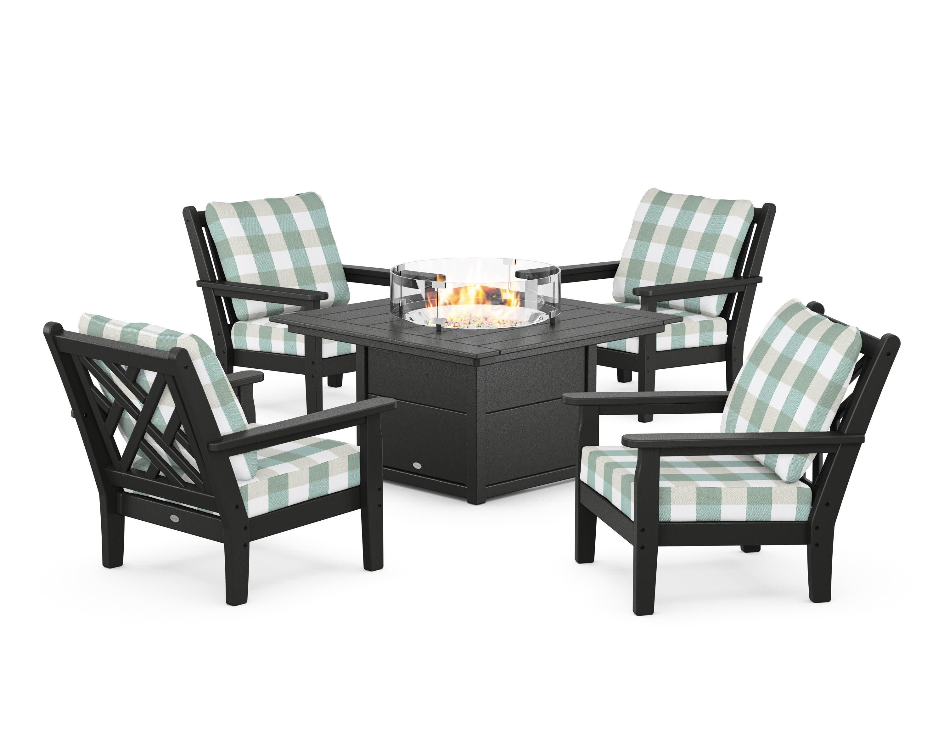 Chippendale 5-Piece Deep Seating Set with Fire Pit Table in Black / Buffalo Plaid Glacier Spa