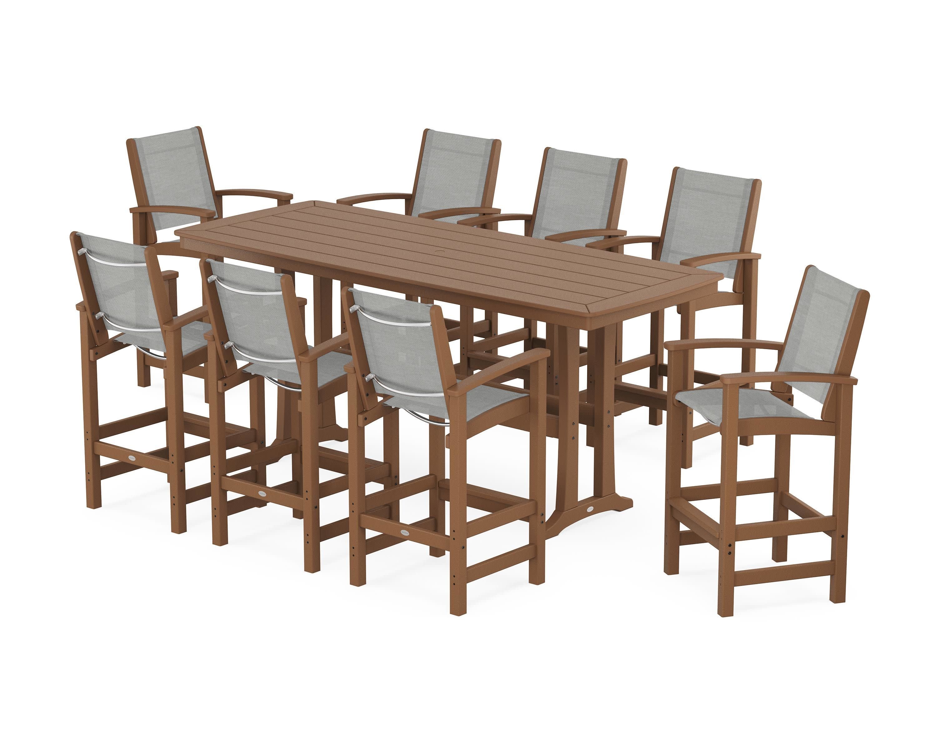 Coastal 9-Piece Bar Set with Trestle Legs in Teak / Metallic Sling