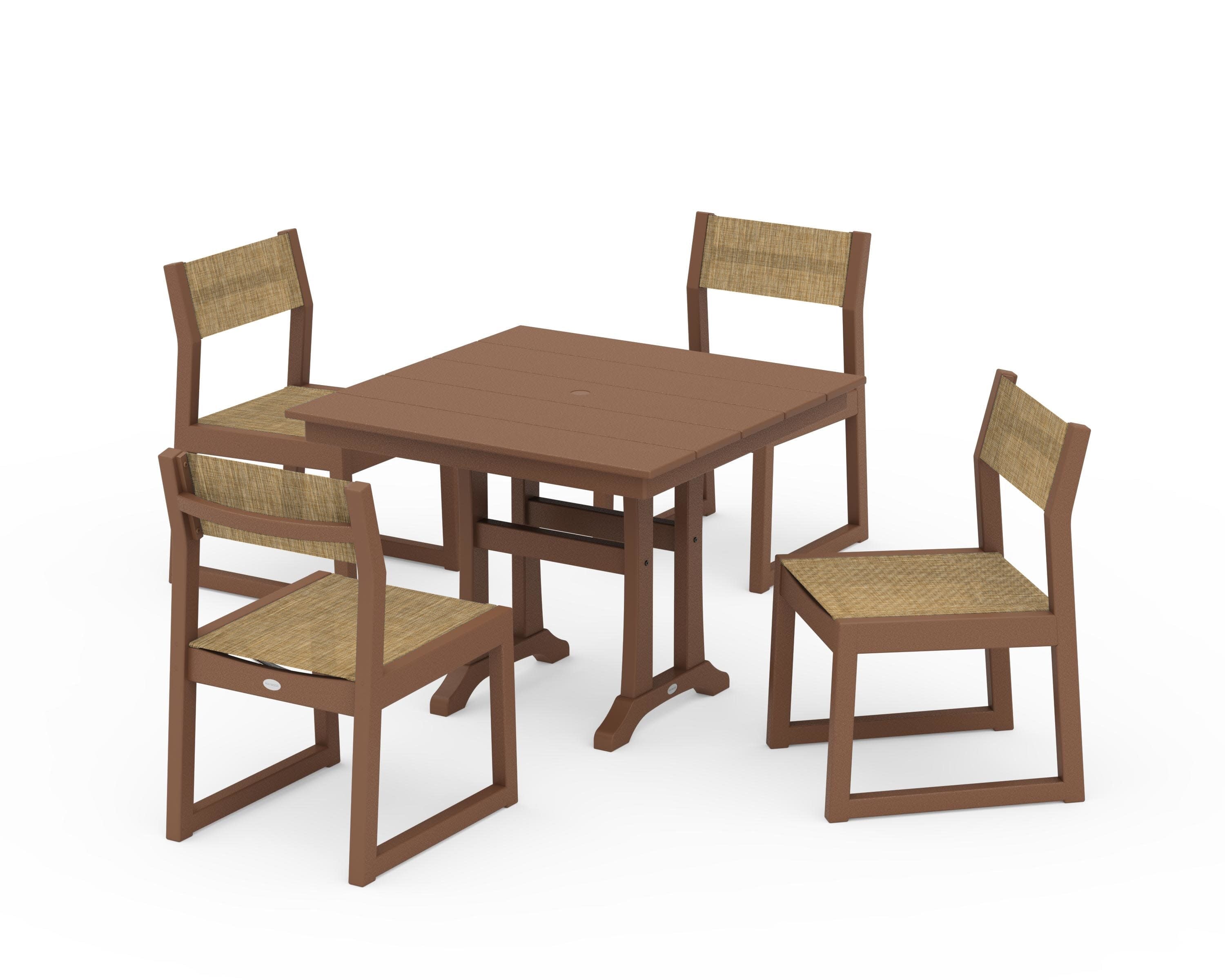 EDGE Sling 5-Piece Farmhouse Trestle Side Chair Dining Set in Teak / Burlap Sling