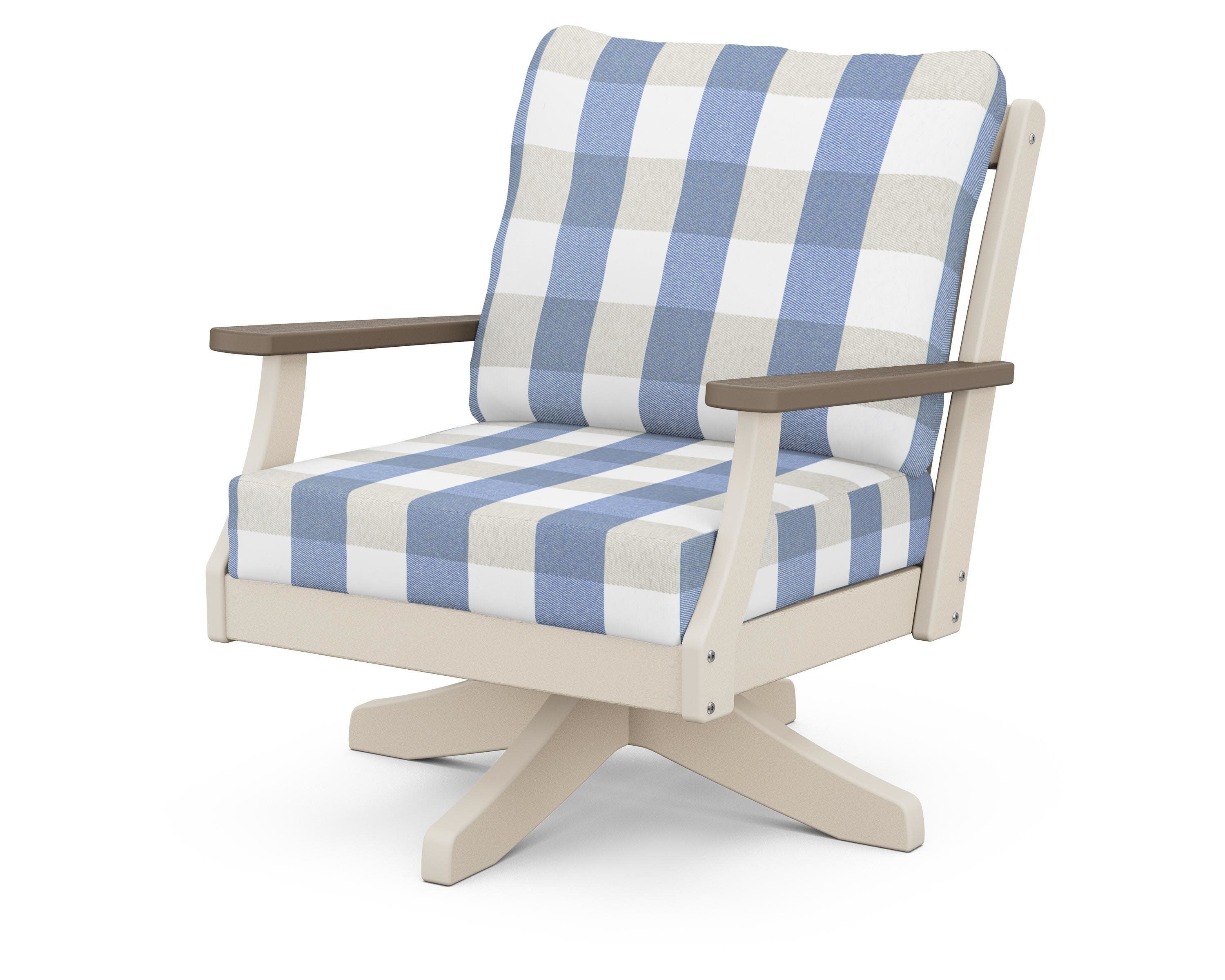 Braxton Deep Seating Swivel Chair in Sand / Kona / Buffalo Plaid Sky Blue