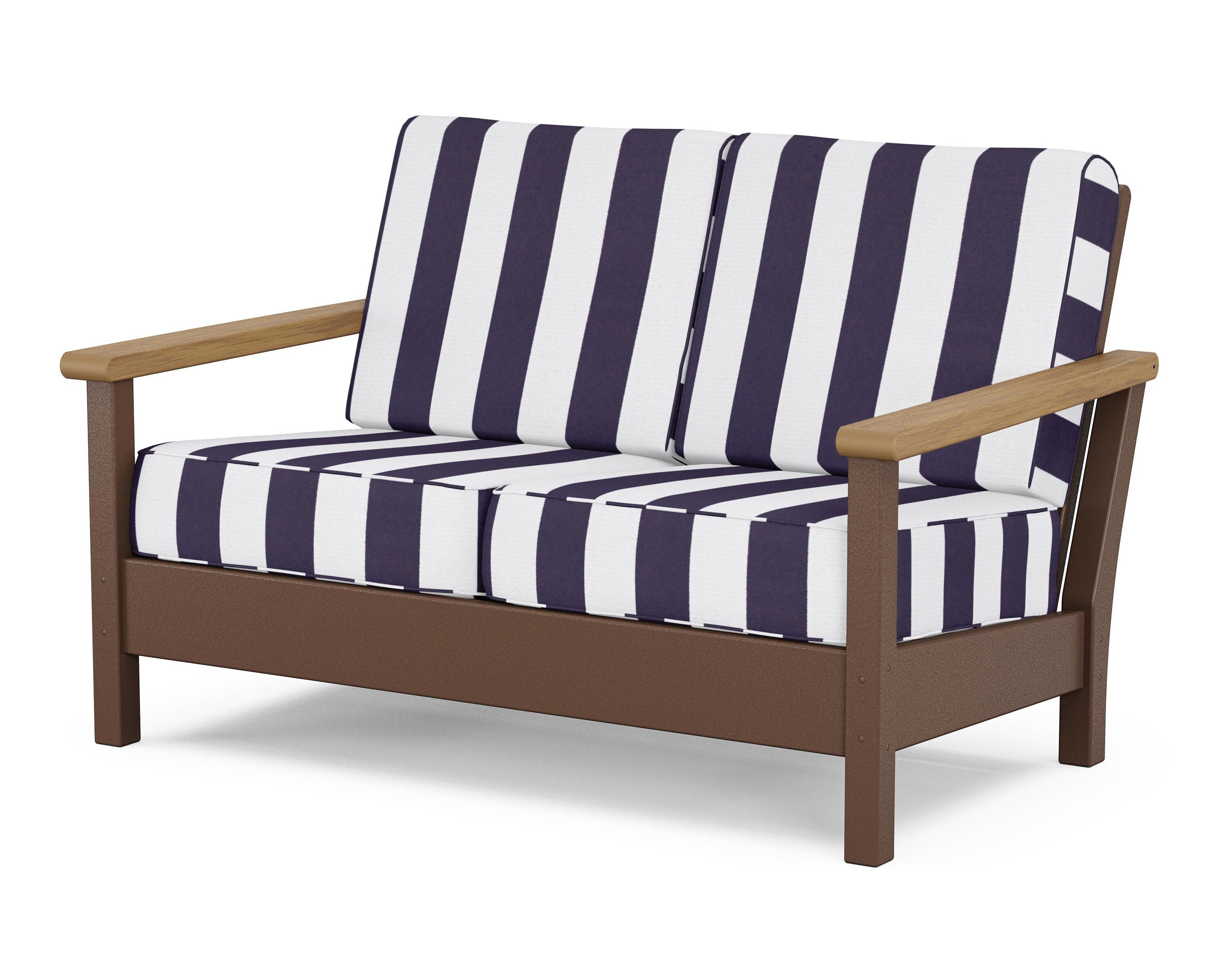 Harbour Deep Seating Loveseat in Mahogany / Natural / Cabana Stripe Navy