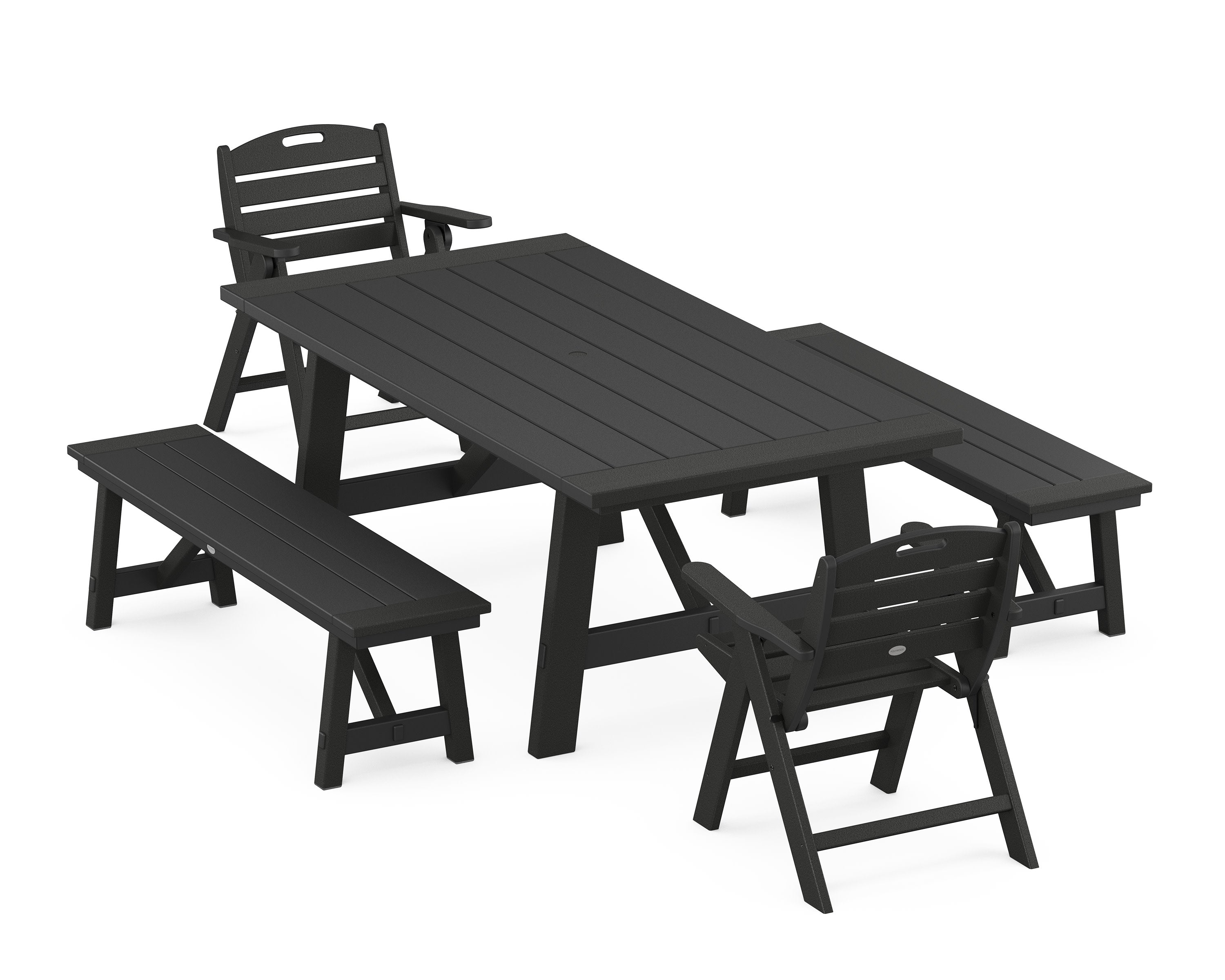 Nautical Folding Lowback Chair 5-Piece Rustic Farmhouse Dining Set With Benches in Black