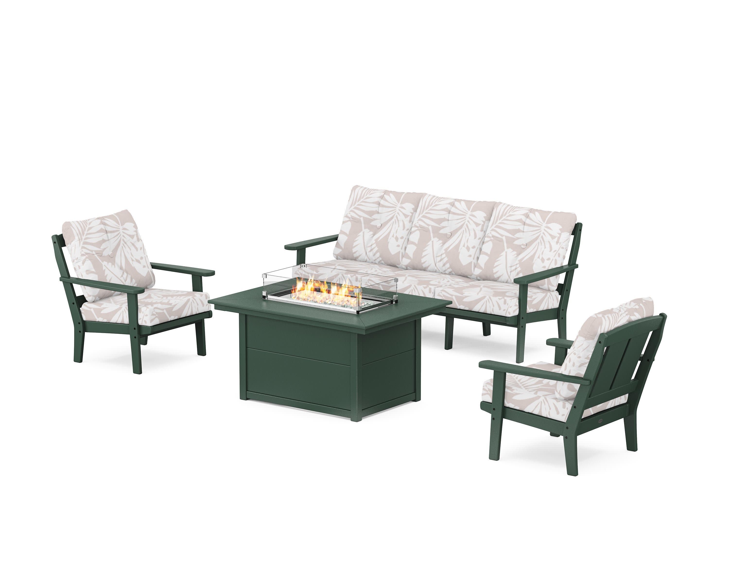 Mission Deep Seating Fire Pit Table Set in Green / Leaf Dune Burlap