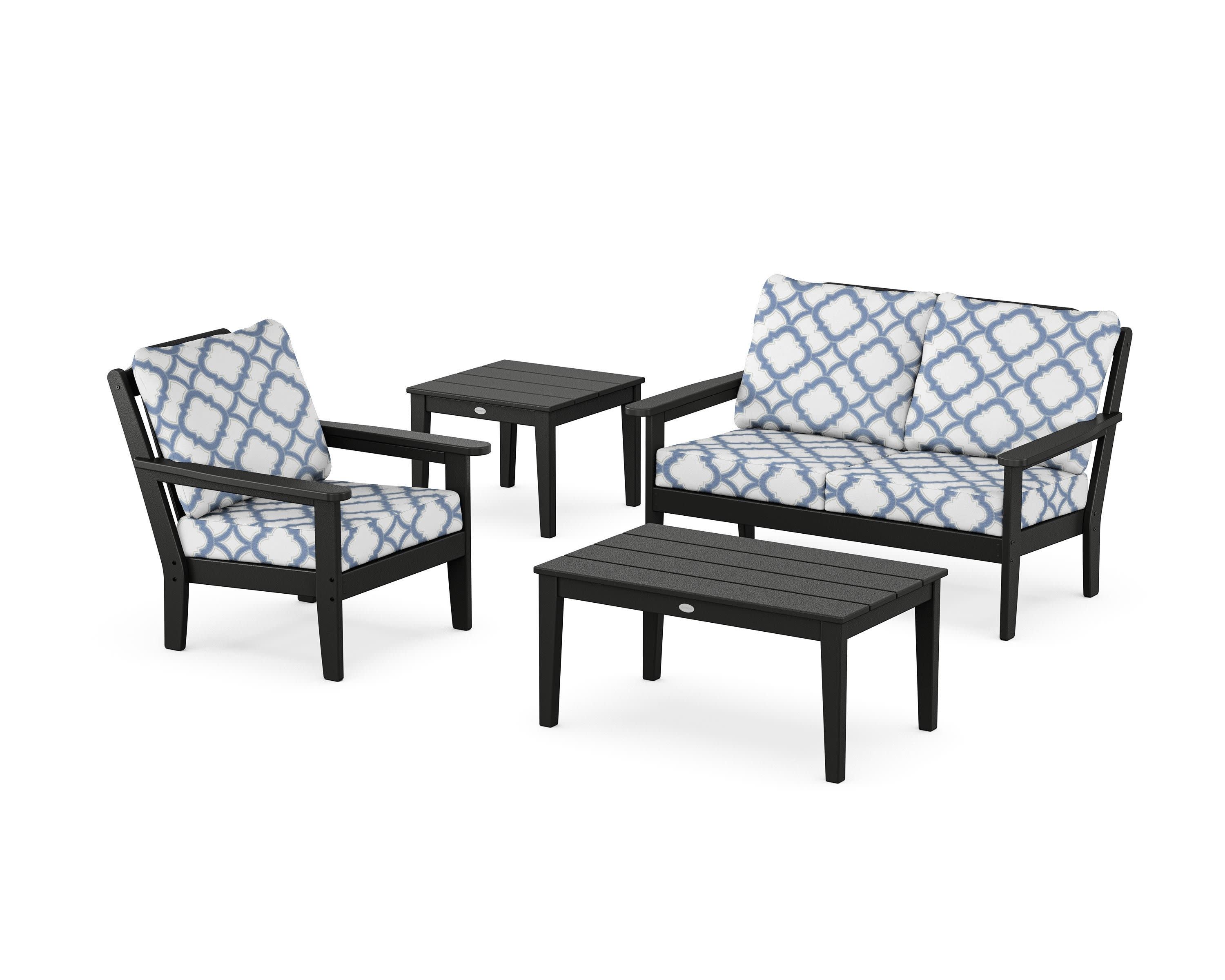 Wovendale 4-Piece Deep Seating Set in Black / Trellis Sky Blue