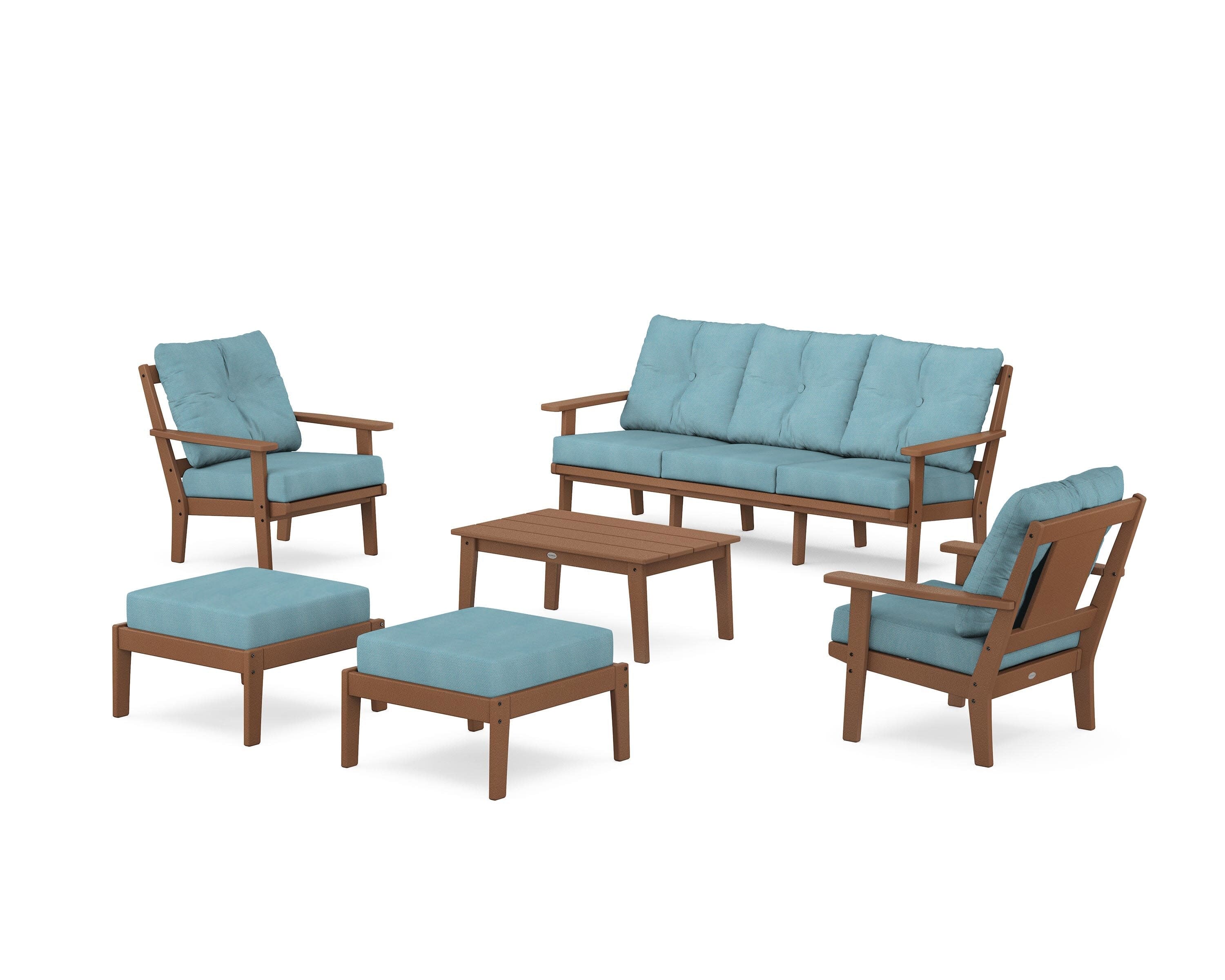 Prairie 6-Piece Lounge Sofa Set in Teak / Lattice Sky Blue