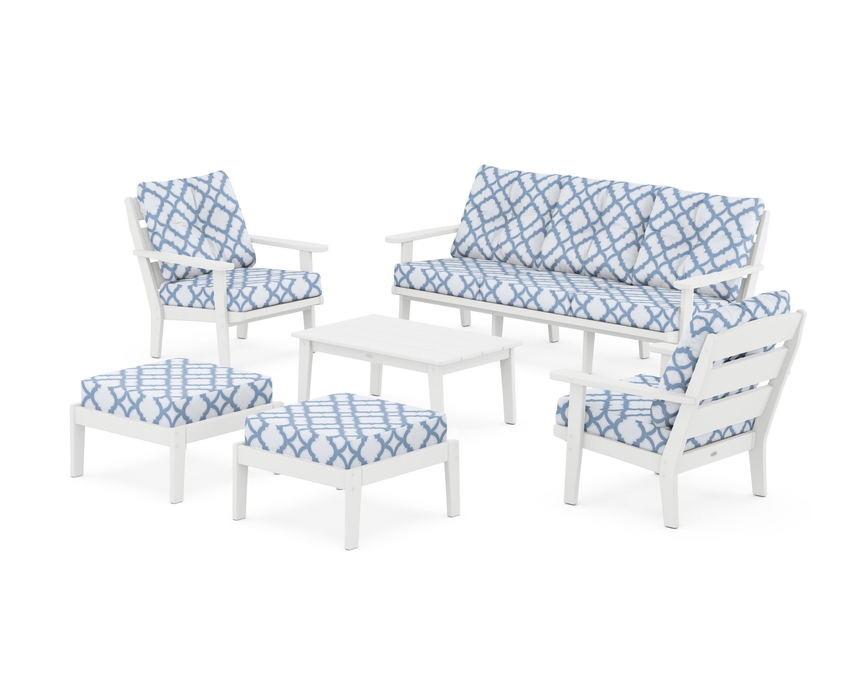 Lakeside 6-Piece Lounge Sofa Set in White / Trellis Sky Blue