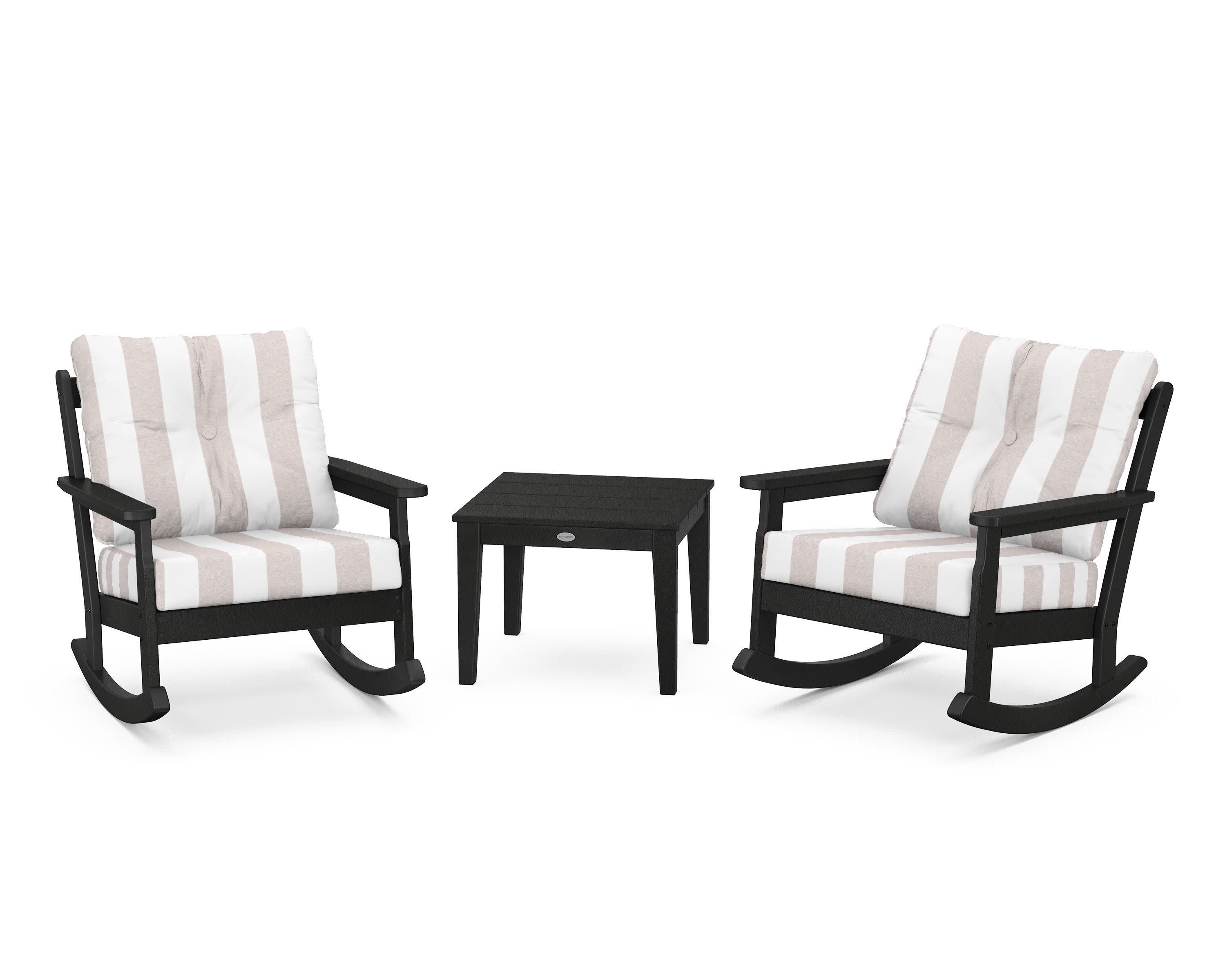Vineyard 3-Piece Deep Seating Rocker Set in Black / Cabana Stripe Dune Burlap