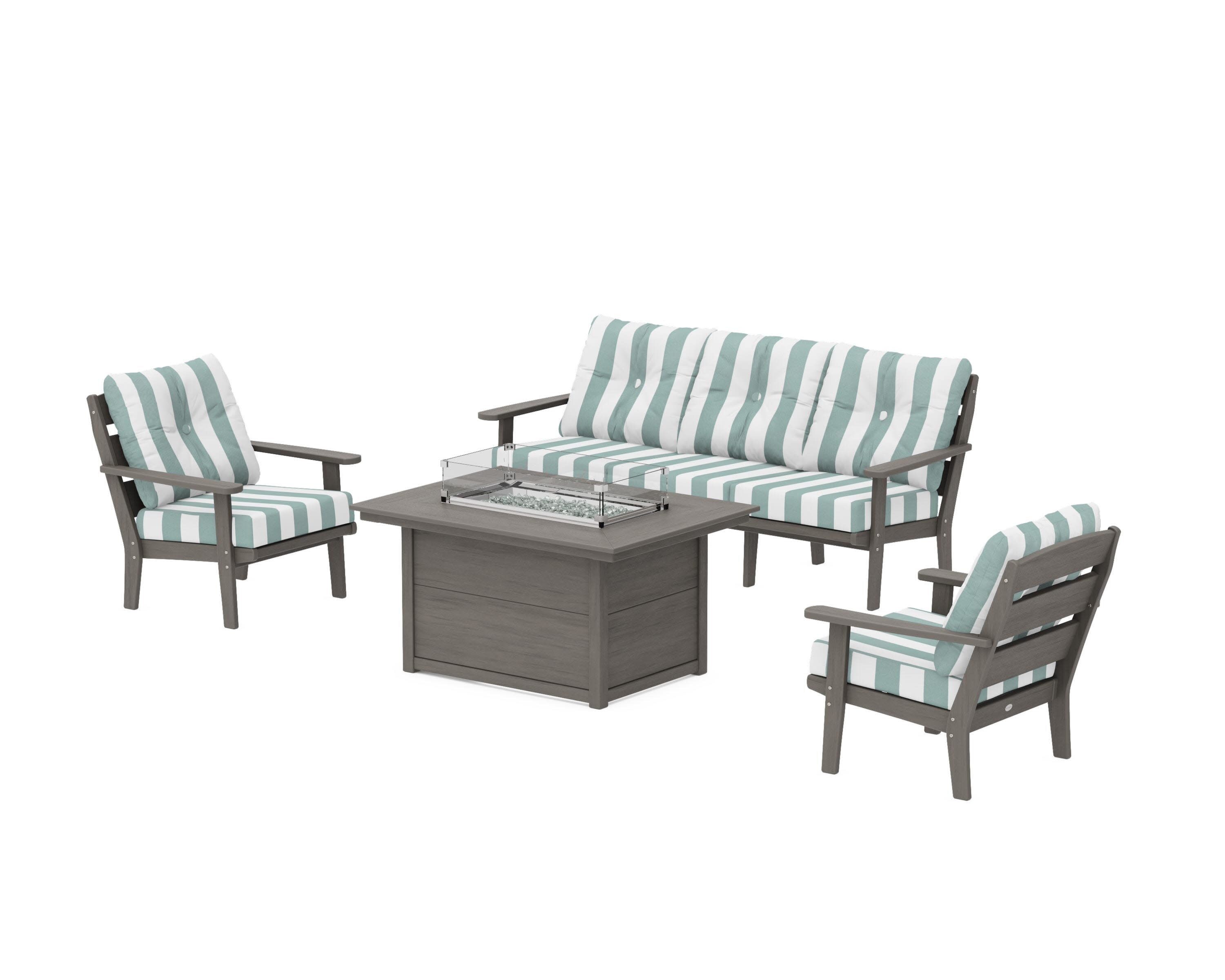 Lakeside Deep Seating Fire Pit Table Set in Driftwood / Cabana Stripe Glacier Spa