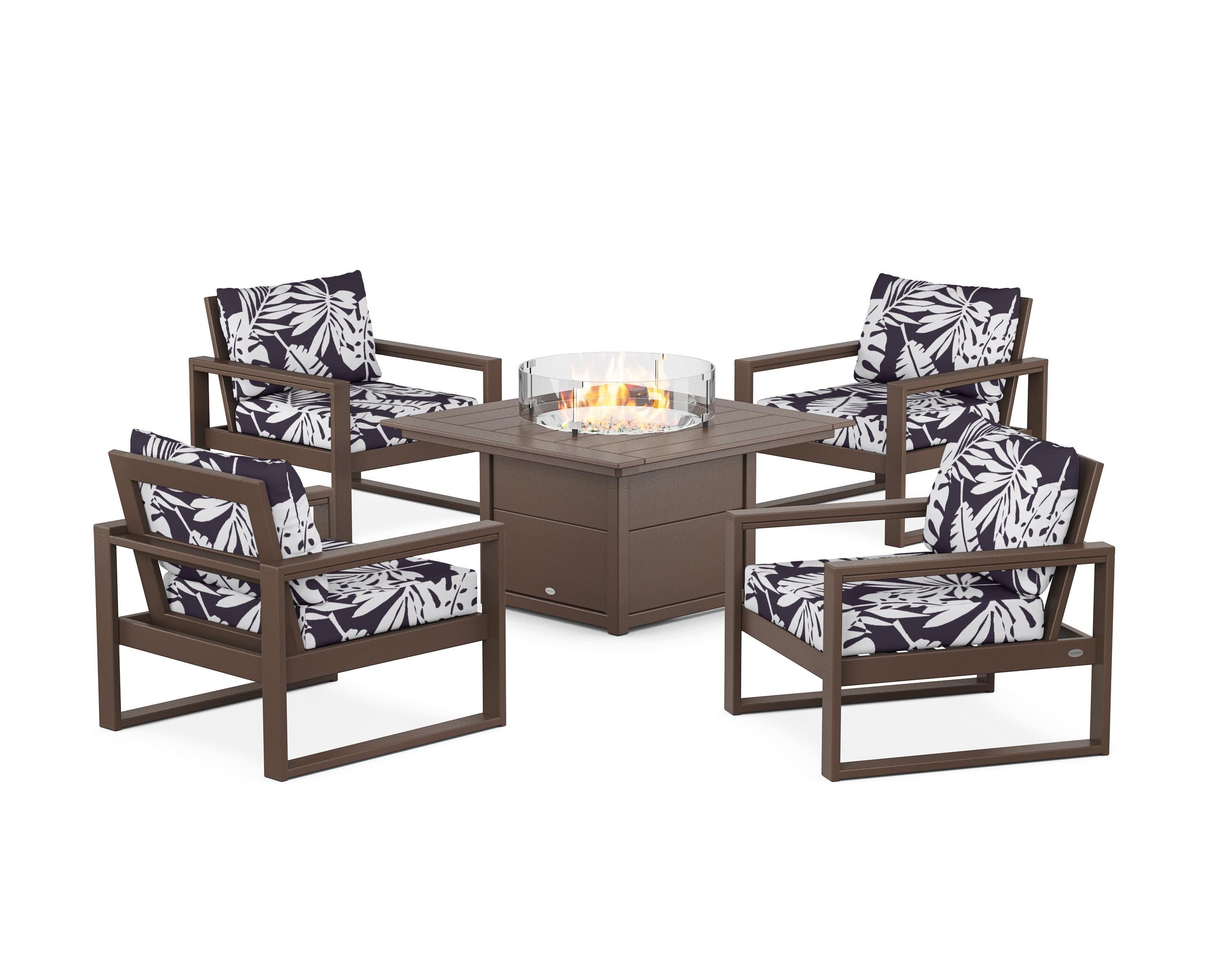 EDGE Sectional 5-Piece Deep Seating Set with Fire Pit Table in Mahogany / Leaf Navy