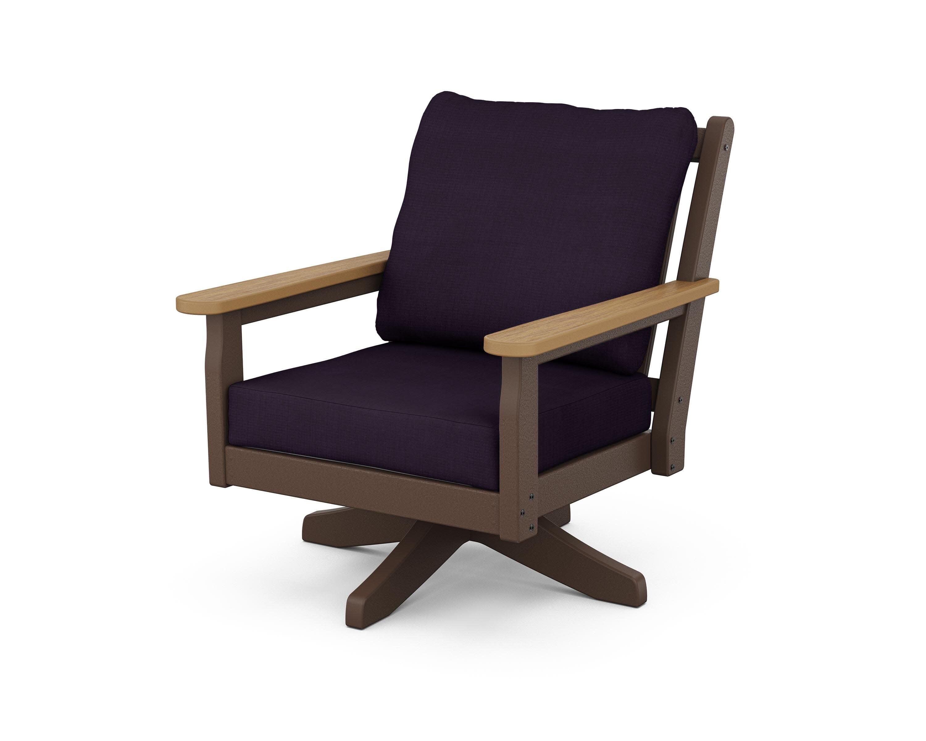 Chippendale Deep Seating Swivel Chair in Mahogany / Natural / Navy Linen