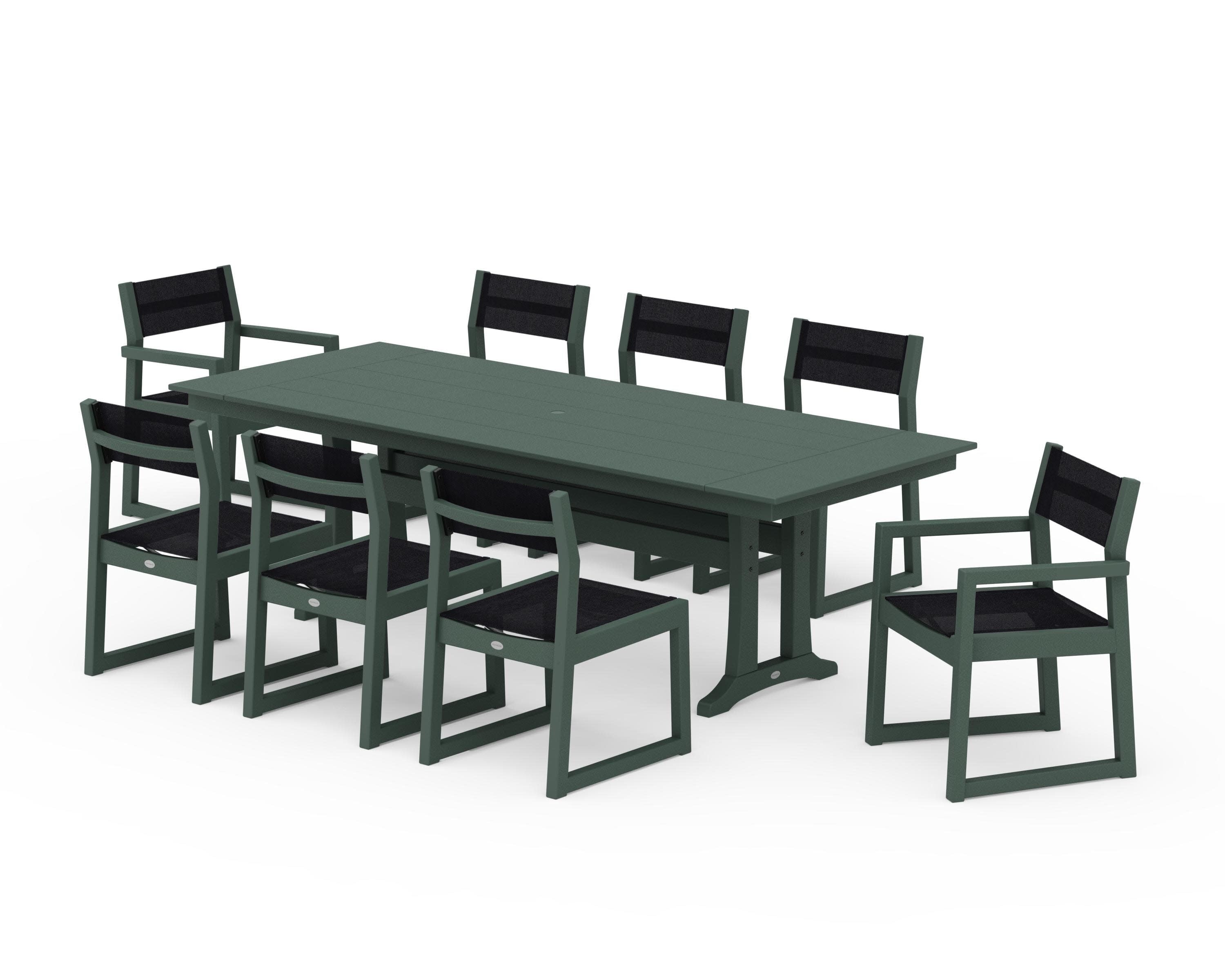 EDGE Sling 9-Piece Farmhouse Trestle Dining Set in Green / Black Sling