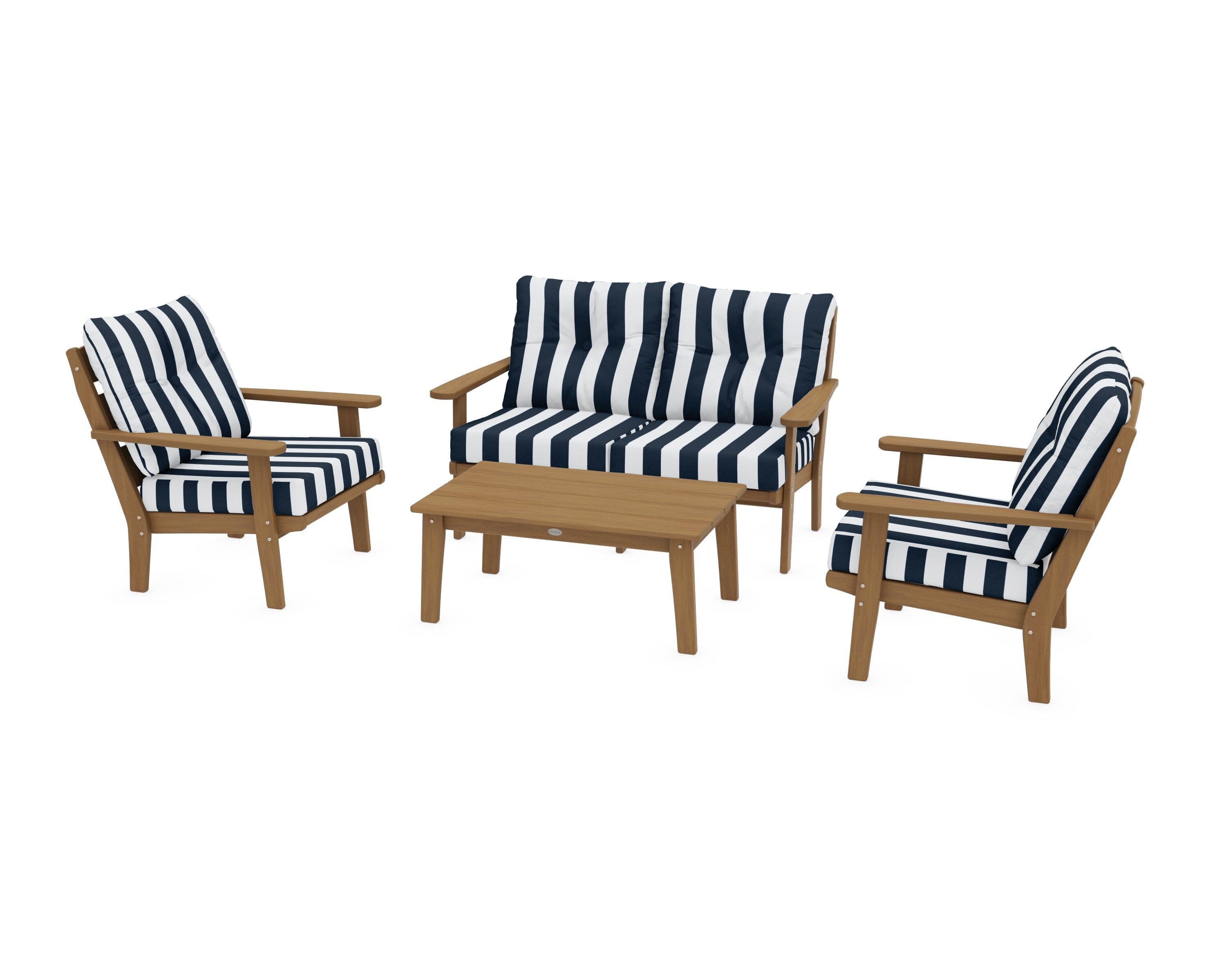 Lakeside 4-Piece Deep Seating Set in Natural / Cabana Stripe Marine Indigo