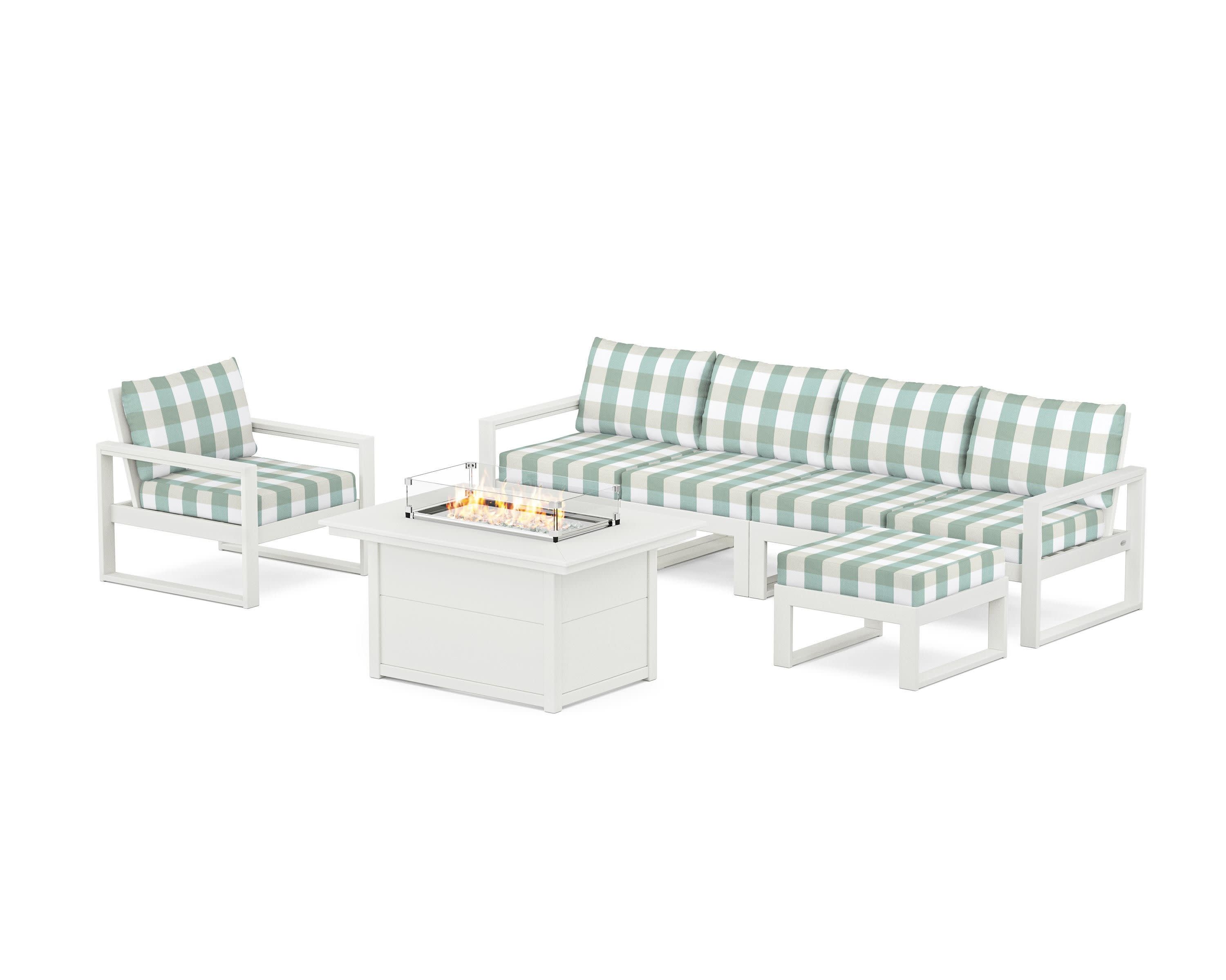 EDGE Sectional Lounge and Fire Pit Set in Vintage White / Buffalo Plaid Glacier Spa