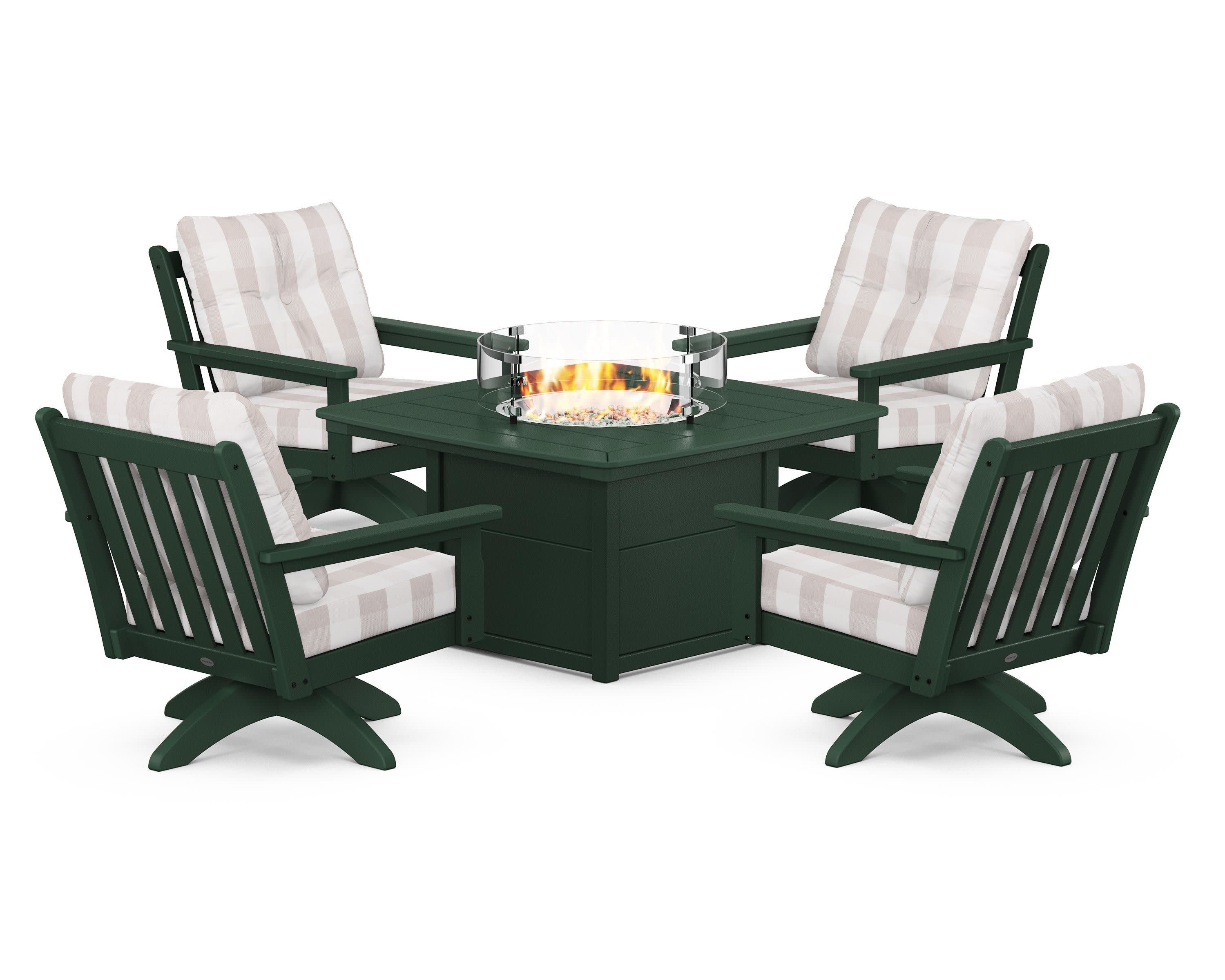 Vineyard 5-Piece Deep Seating Swivel Conversation Set with Fire Pit Table in Green / Buffalo Plaid Dune Burlap