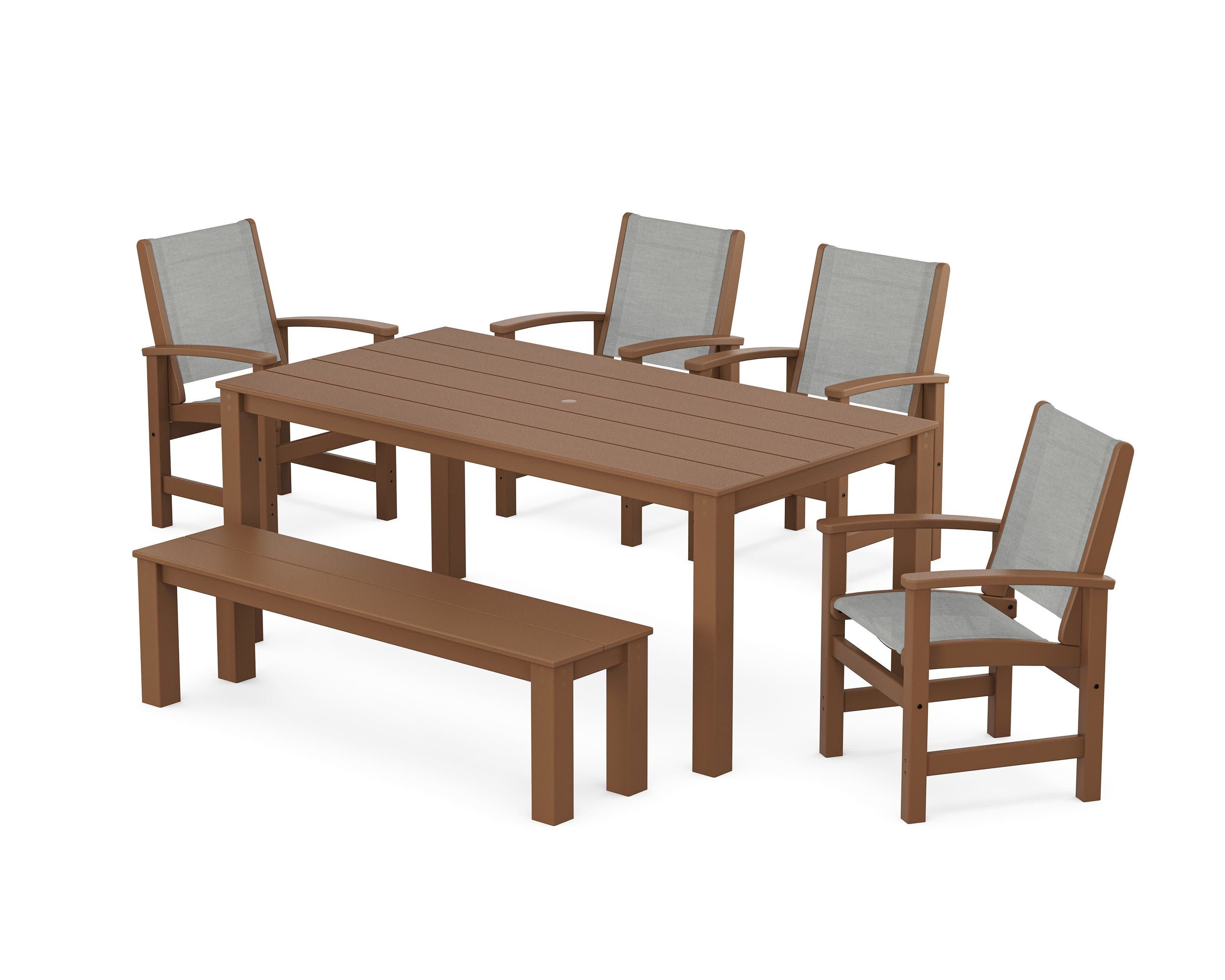 Coastal 6-Piece Parsons Dining Set with Bench in Teak / Metallic Sling
