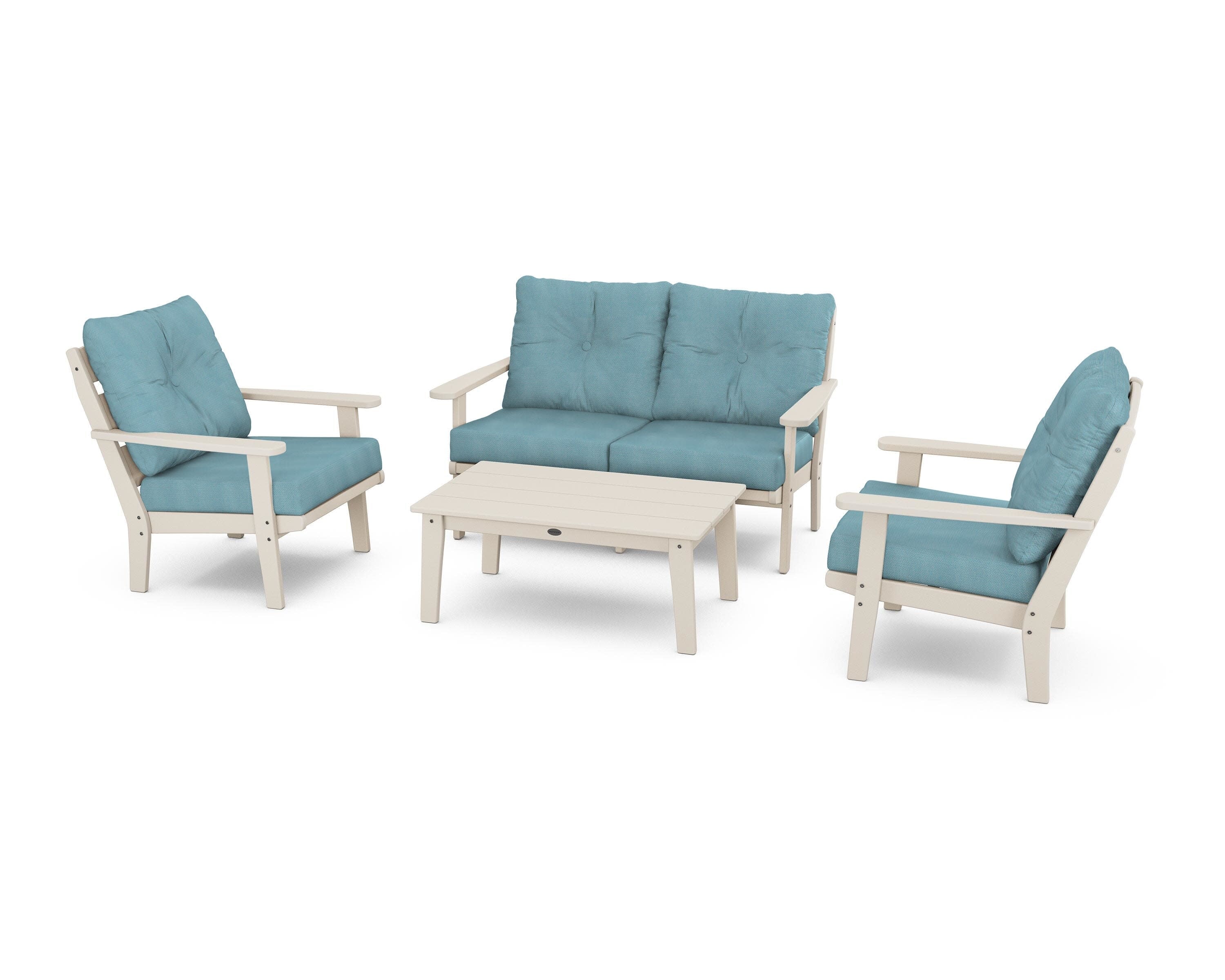 Lakeside 4-Piece Deep Seating Set in Sand / Lattice Sky Blue