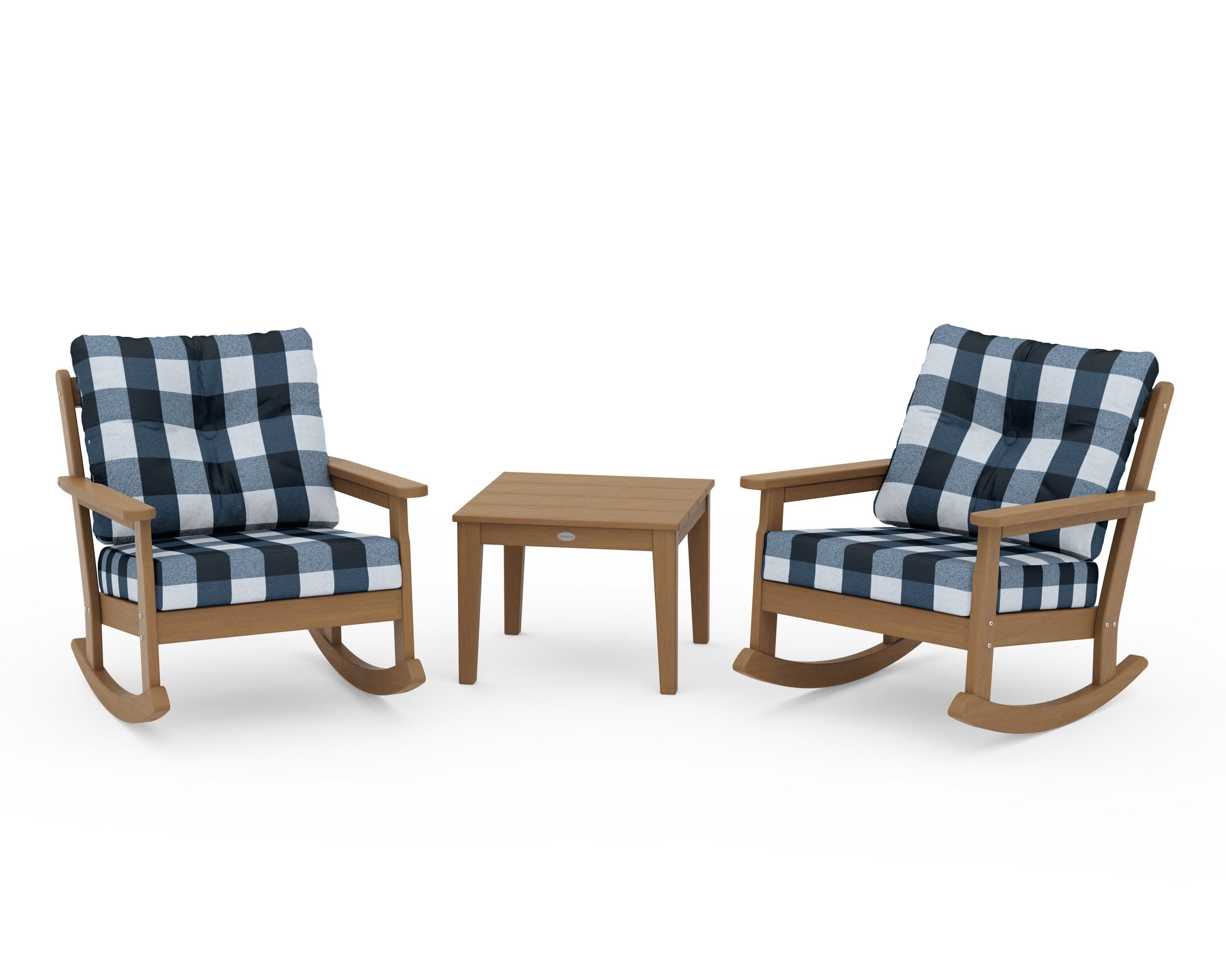Vineyard 3-Piece Deep Seating Rocker Set in Natural / Buffalo Plaid Marine Indigo