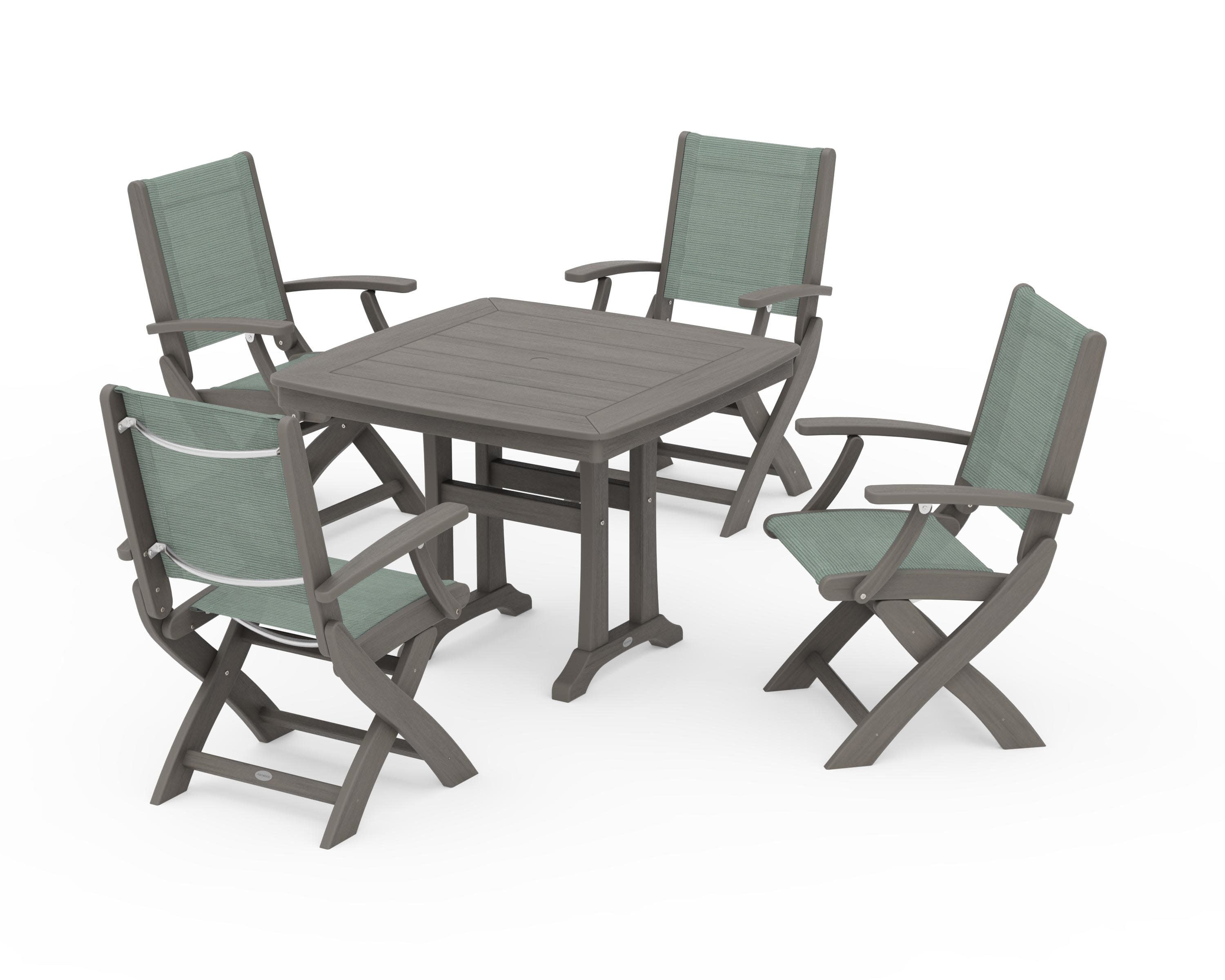 Coastal Folding Chair 5-Piece Dining Set with Trestle Legs in Driftwood / Dupioni Sea Mist Sling