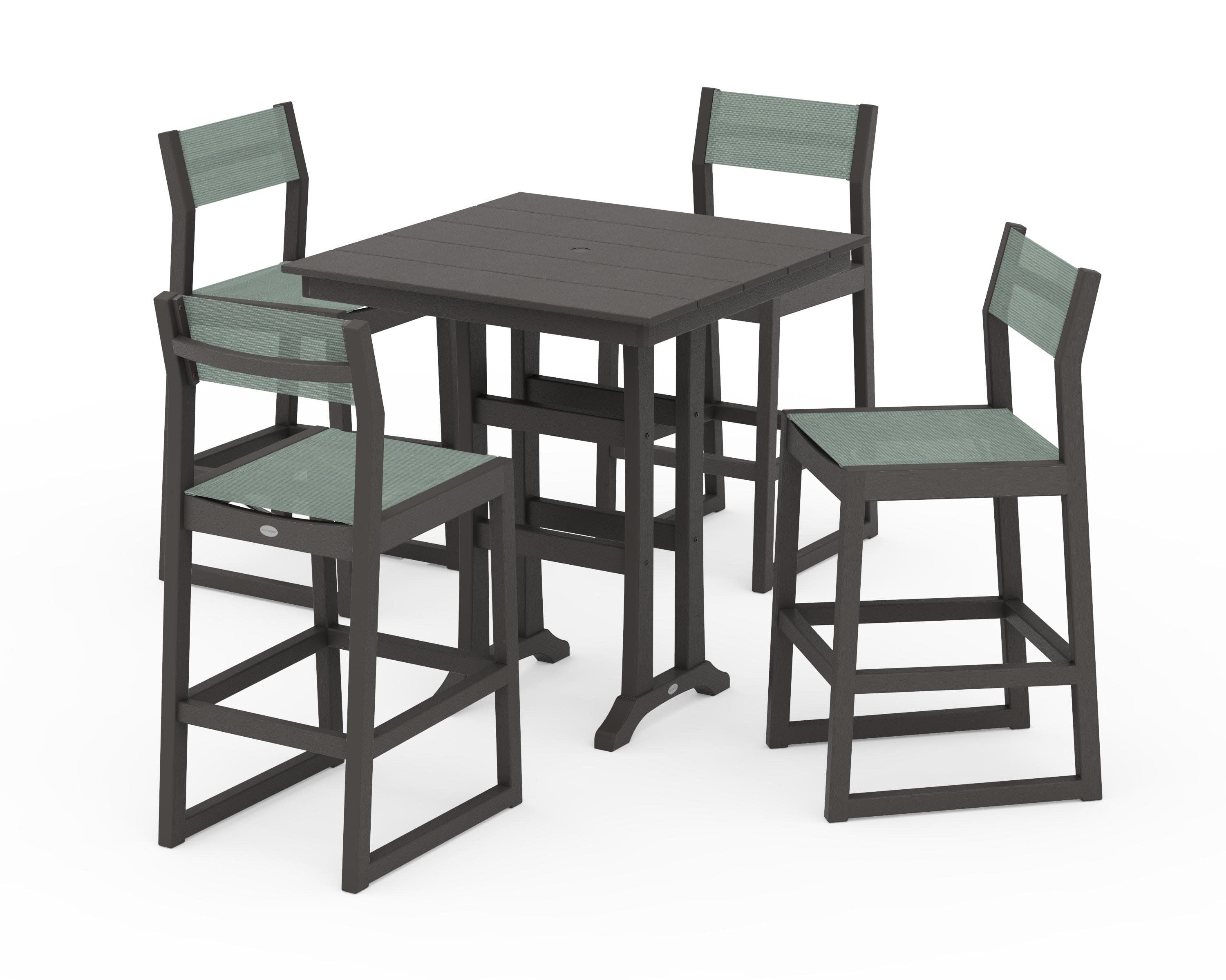 EDGE Sling Arm Chair 5-Piece Farmhouse Bar Set with Trestle Legs in Vintage Coffee / Dupioni Sea Mist Sling