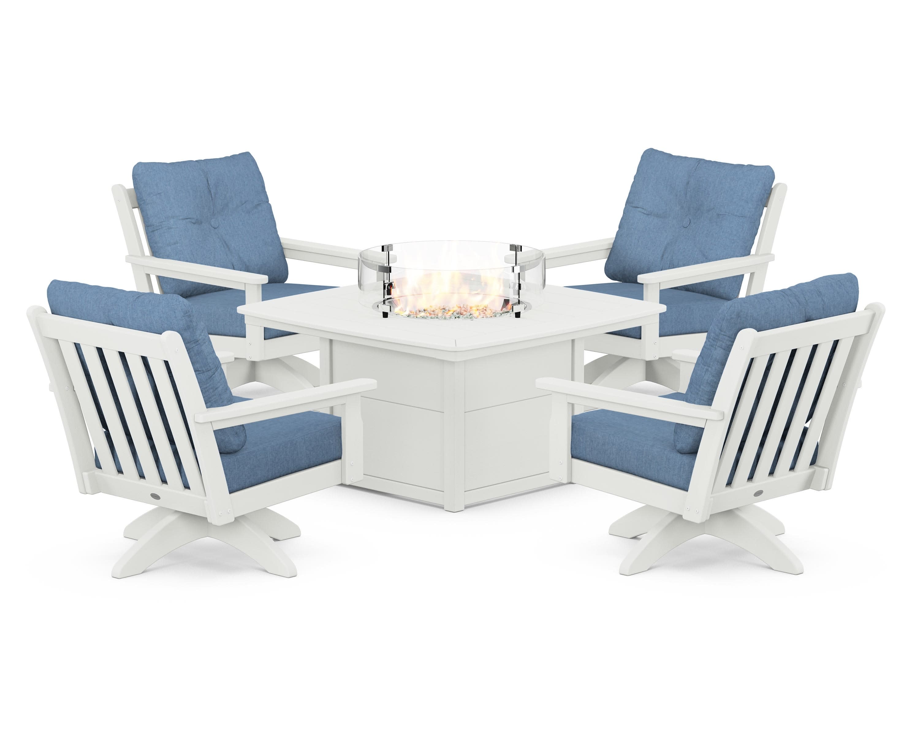 Vineyard 5-Piece Deep Seating Swivel Conversation Set with Fire Pit Table in Vintage White / Sky Blue