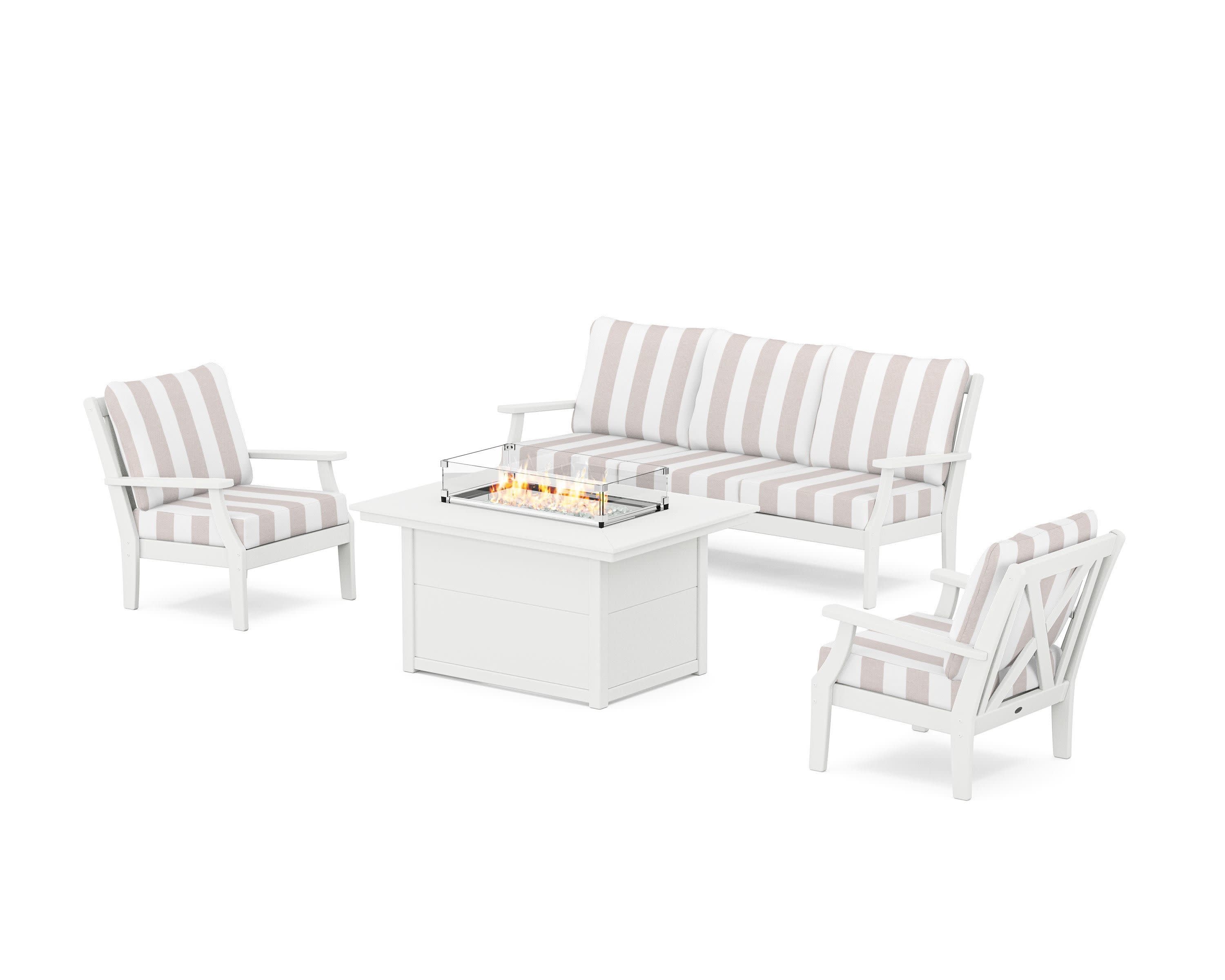 Braxton Deep Seating Fire Pit Table Set in White / Cabana Stripe Dune Burlap