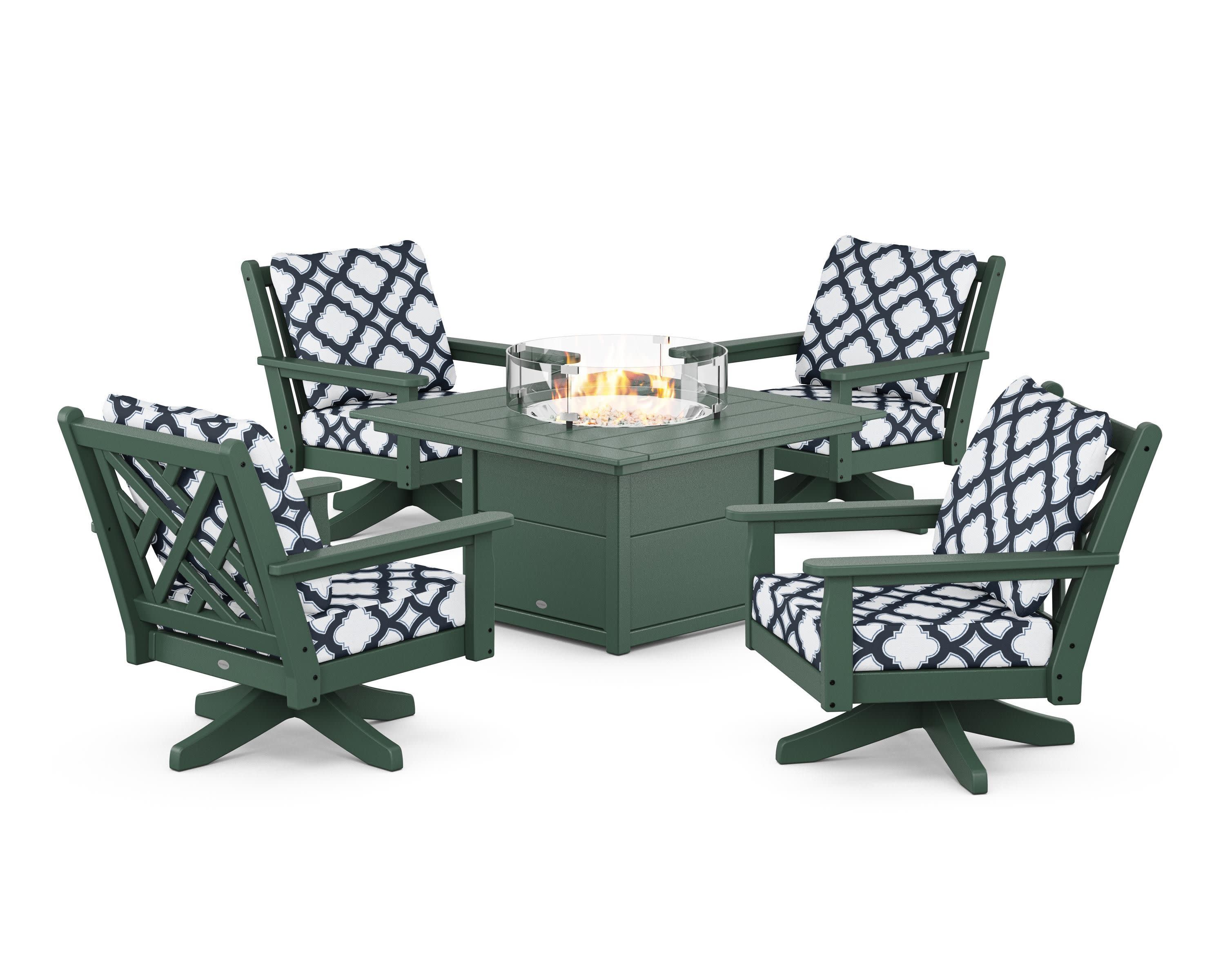 Chippendale 5-Piece Deep Seating Swivel Conversation Set with Fire Pit Table in Green / Trellis Marine Indigo