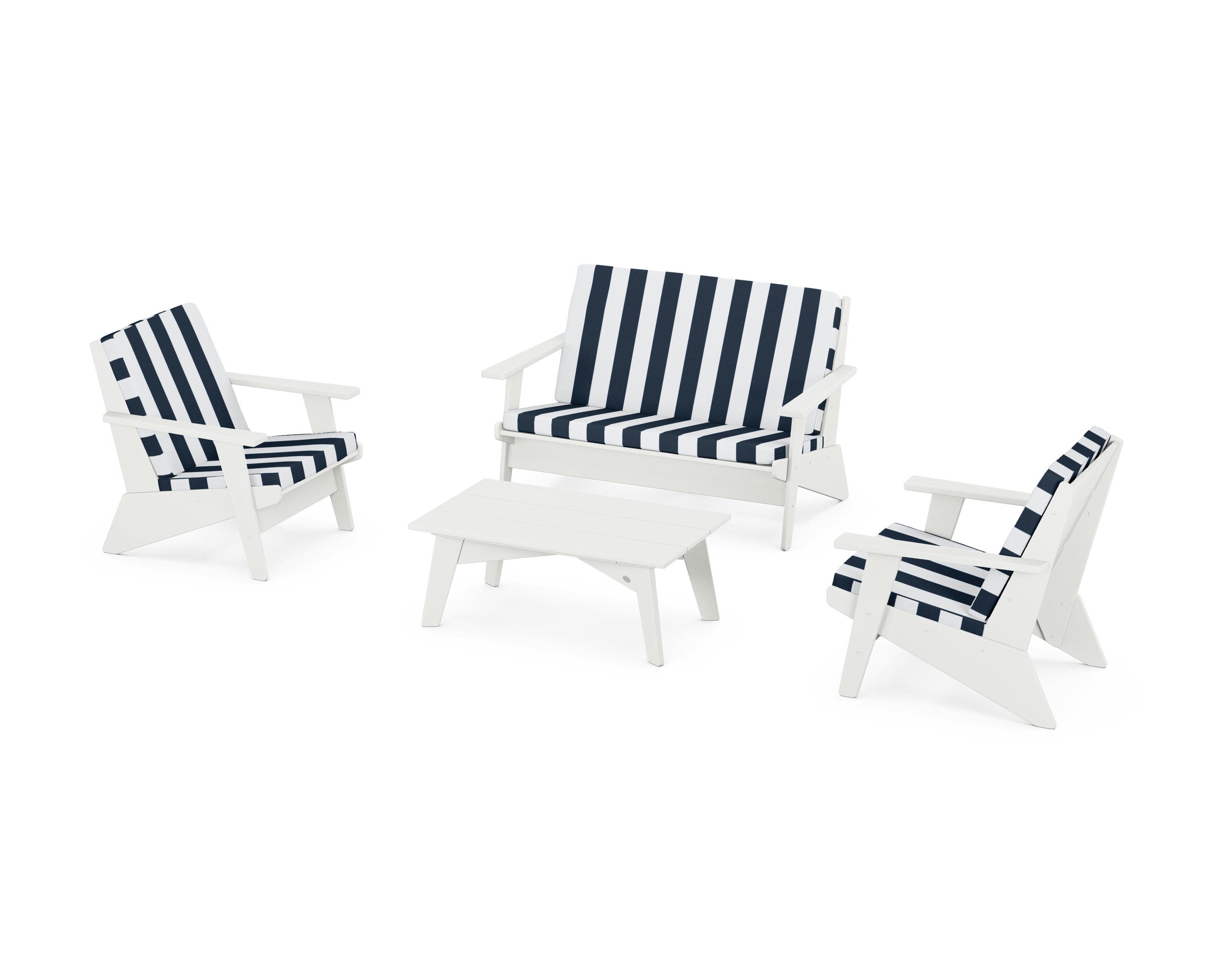 Riviera Modern Lounge 4-Piece Set in Vintage White / Cabana Stripe Marine Indigo